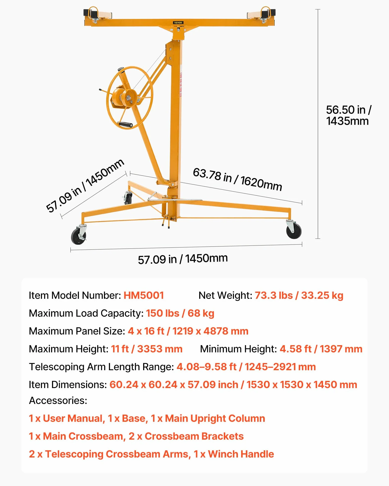 VEVOR Elevador de Placas de Yeso, con Brazo Telescópico Ajustable 1245–2921 mm, Capacidad de Carga de 68 kg, Altura de 3353 mm, para Montaje en Techo y Pared, 1530 x 1530 x 1450 mm, Amarillo