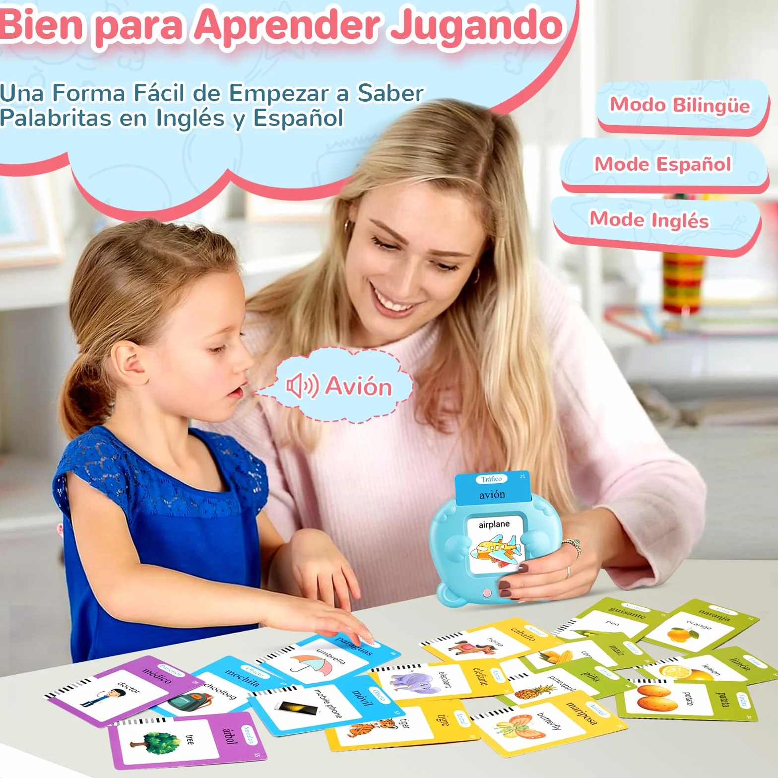 AHJ Tarjetas Flash Parlantes Español 112 Hojas 224 Palabras Juguete Montessori 3 Modo Idioma Español Inglés Bilingüe Azul