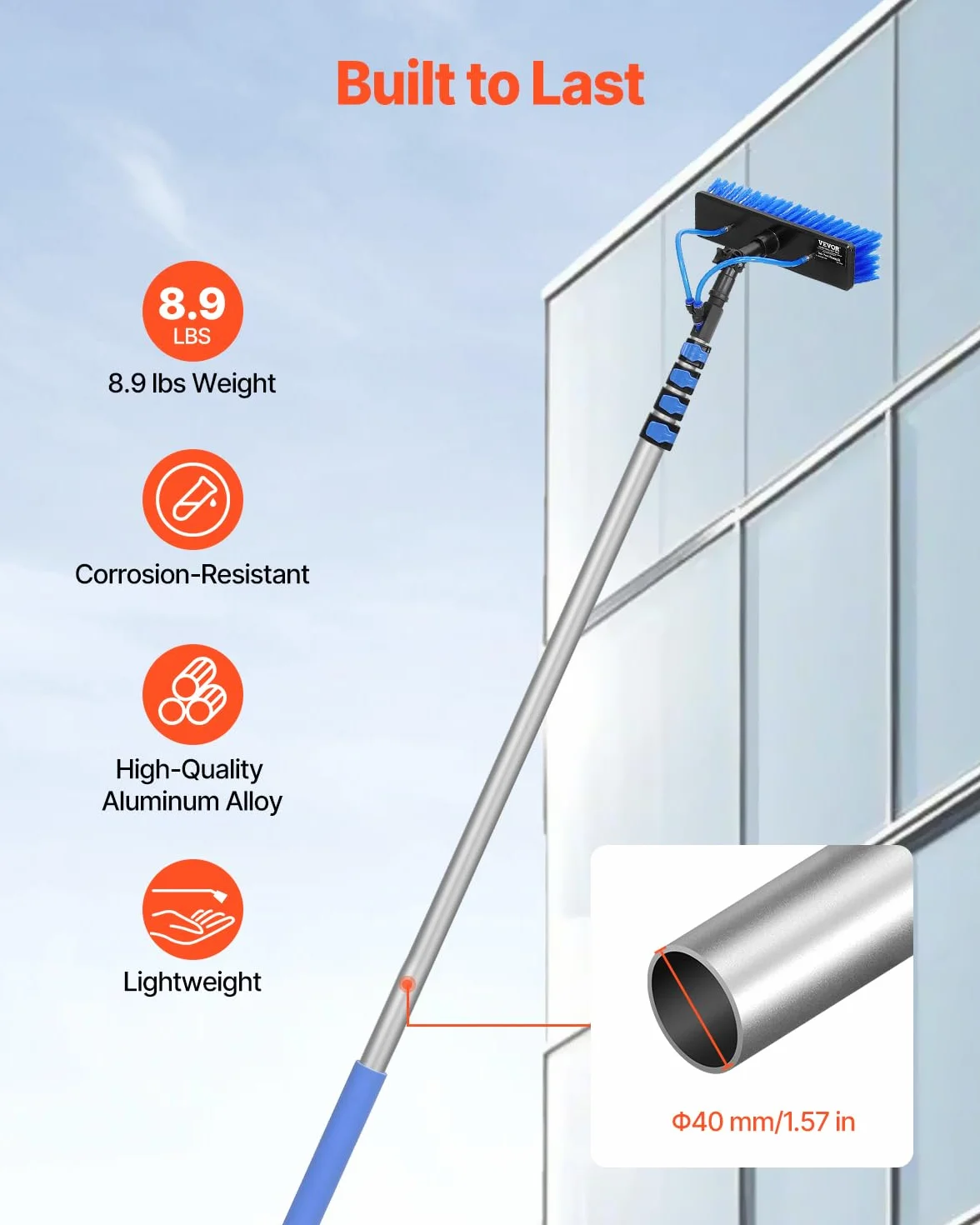 VEVOR Kit de Barra de Alimentación de Agua, Barra de Limpieza de Paneles Solares de 9 m con Mango Extensible, Cabezal de Cepillo Giratorio de 180° y Manguera de 20 m, para el Hogar y Exteriores
