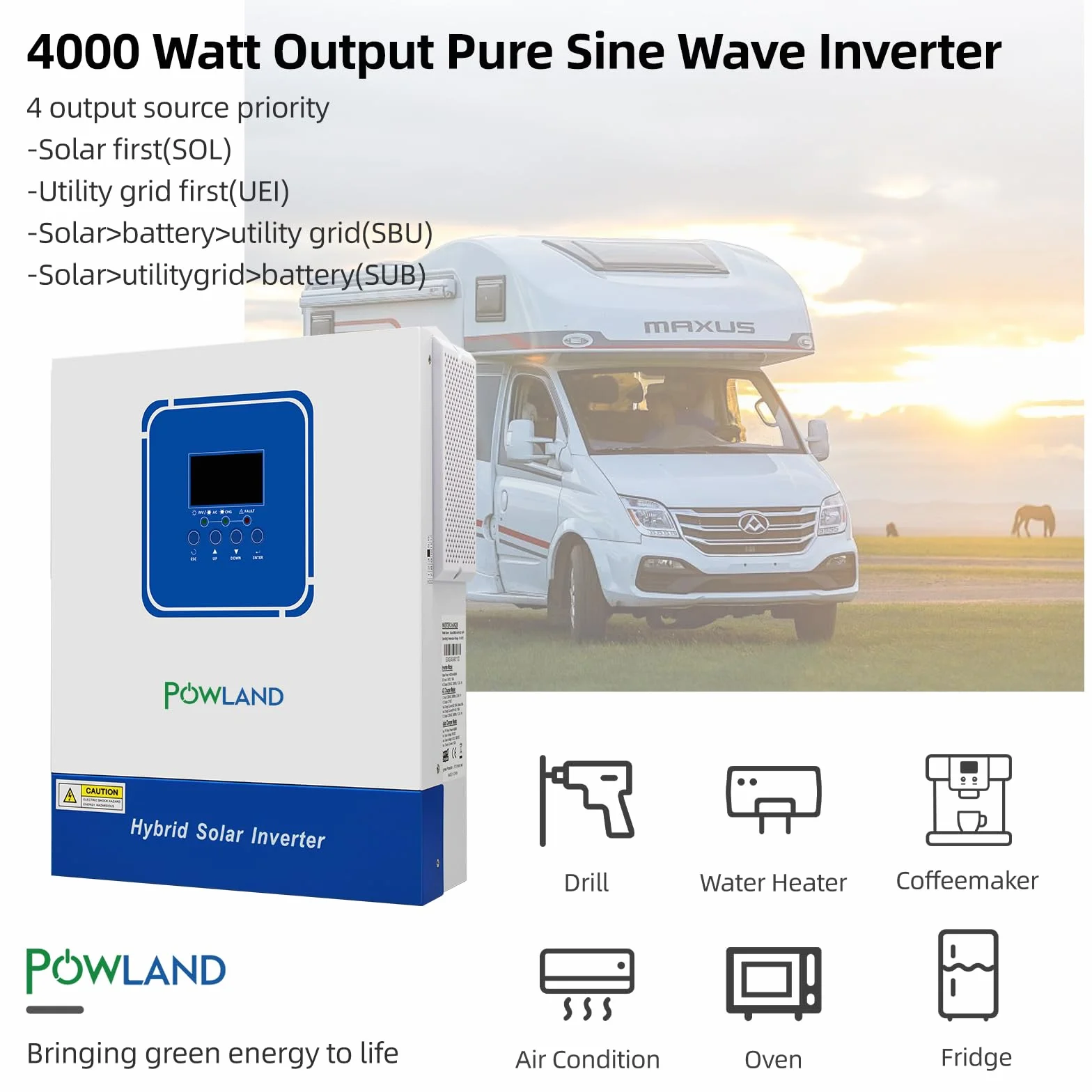 POWLAND Inversor Híbrido 24V 4000W, Onda Sinusoidal Pura Aislado de la Red, DC a AC 230V, Máximo PV 60-500VDC, para Baterías de Plomo y Litio, con Módulo WiFi (SMG II 4KW)