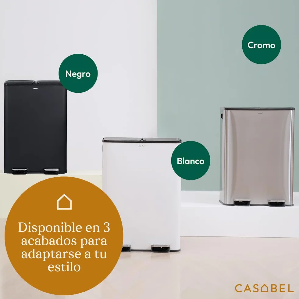 CASABEL Cubo de Basura Selectiva 60L, 2 x 30 Litros, Compartimentos Dobles 2x30L, Acero Inoxidable blanco, Papelera de Reciclaje de Pedal Rectangular, Anti Trazas, Anti Olores