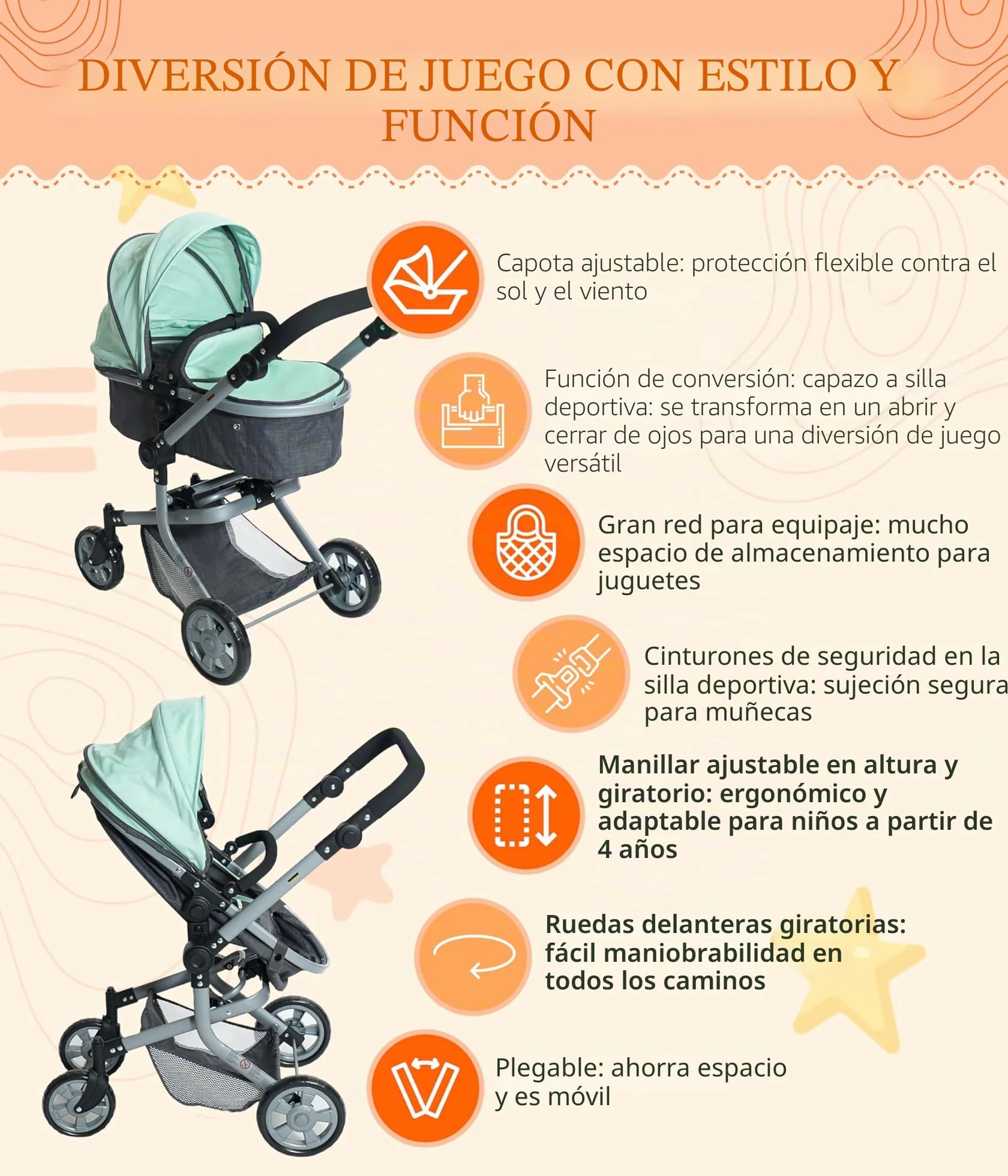 Bayer Chic 2000 Cochecito de muñecas Mika 2 en 1 para muñecas de hasta 52 cm Menta Melange