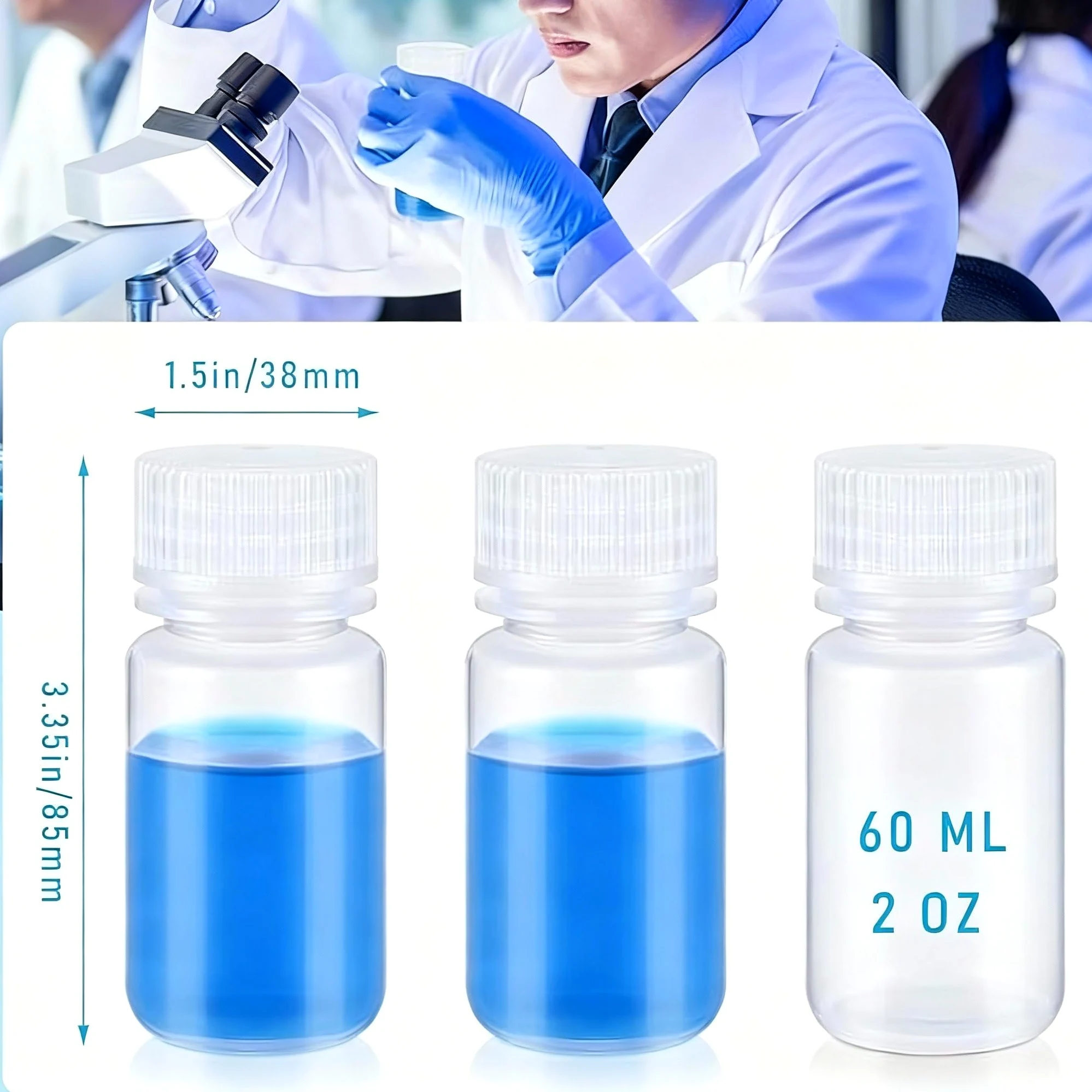 Tatuo 48 botellas de plástico para muestras de píldoras de boca ancha, contenedor de reactivo de laboratorio con tapas, recipiente translúcido de muestra de agua de polipropileno para líquidos