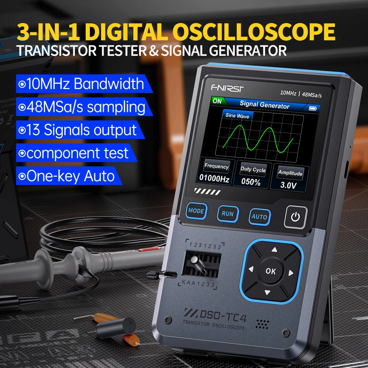 Osciloscopio,3 en 1 Osciloscopio Digital 10MHz Ancho de Banda 48Ms/s Muestreo 13 Salidas de Señal Un Botón Comprobador Automático de Transistores Comprobador de Componentes,Español Conmutable