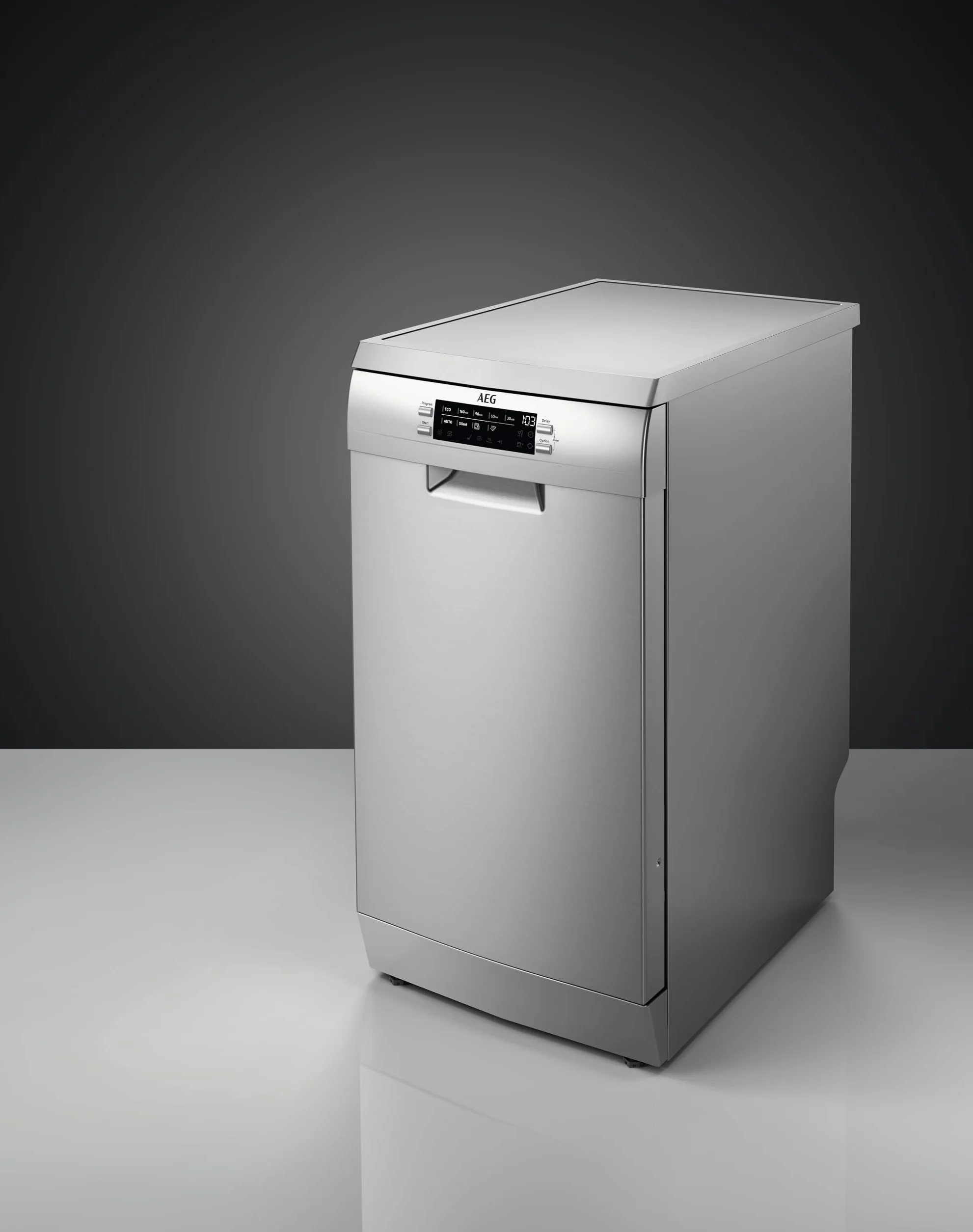 AEG Lavavajillas Pequeño AirDry FFB73527ZM, 45 cm, libre Instalación, 10 cubiertos, brazo aspersor satélite, SoftSpikes, motor Inverter, display, 9 programas a 4 temperaturas, 45 dB(A), Inox