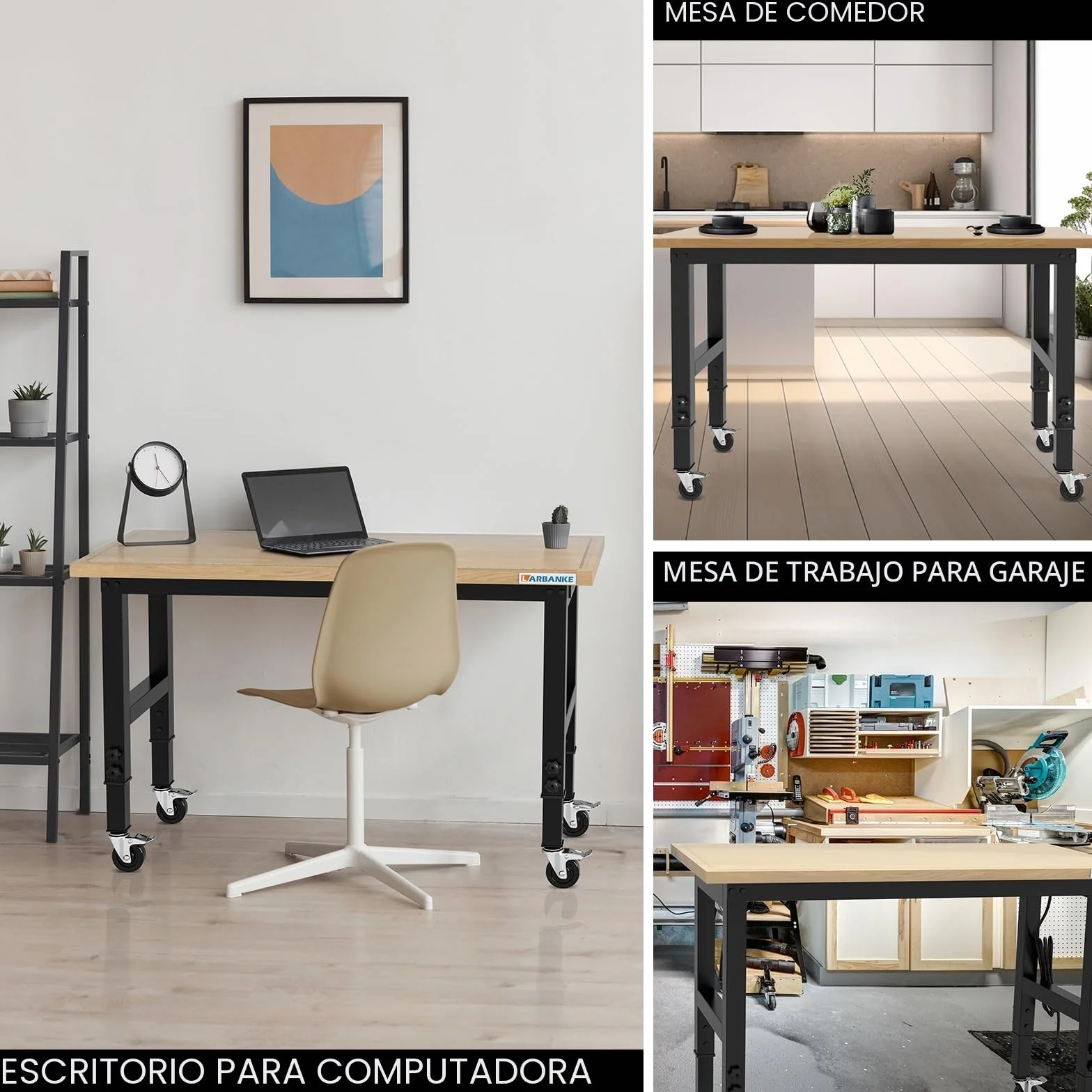 LARBANKE Banco de Trabajo 120CM Madera Caucho Ajustable 5 Alturas 900KG Ruedas Freno