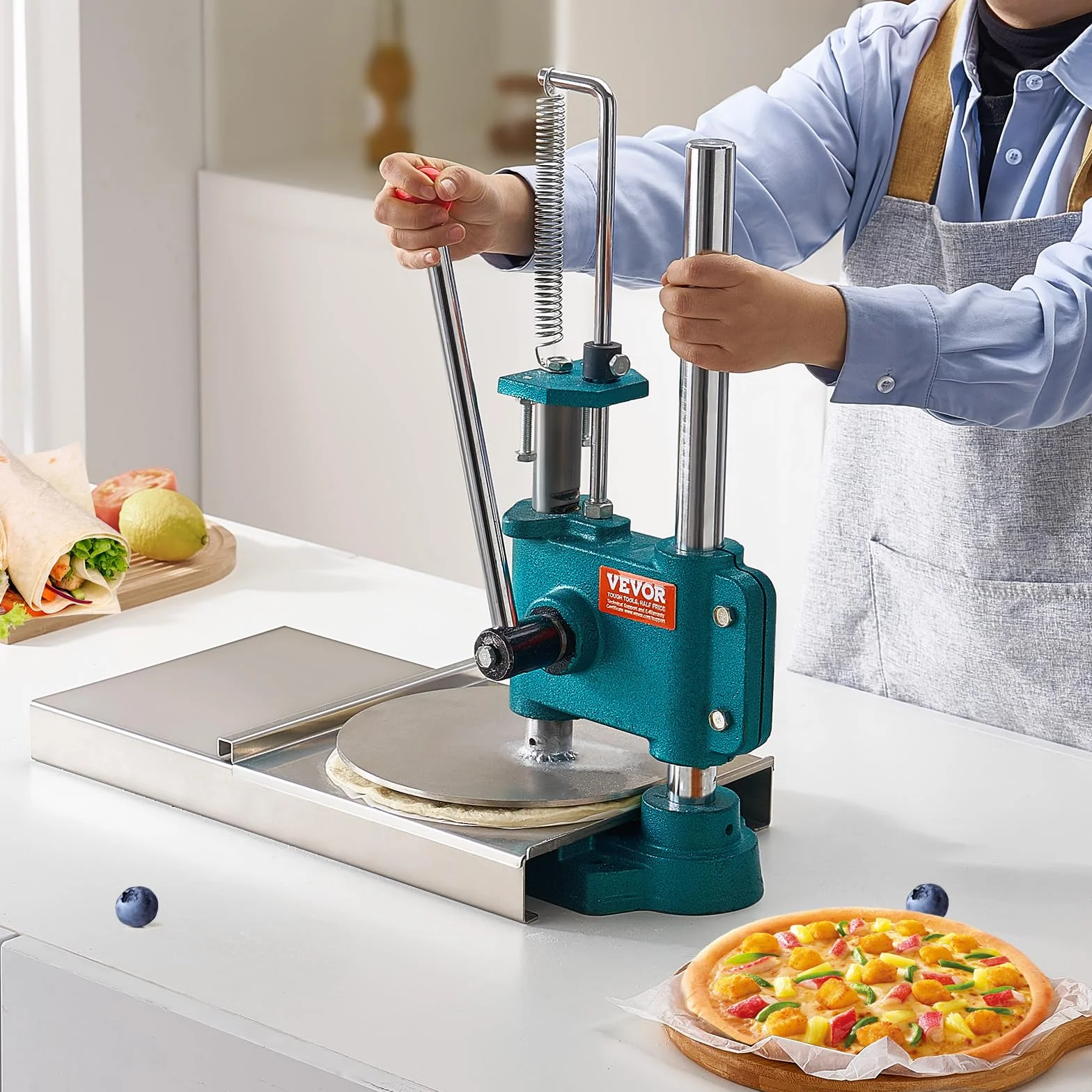 VEVOR Prensa de Pasta Máquina de Pizza Manual Diámetro de 24cm con Bandeja de Acero Inoxidable Formadora de Pizza Doméstica Altura Ajustable para Tartas Tortillas Panes Pizzerías Panaderías Cafeterías