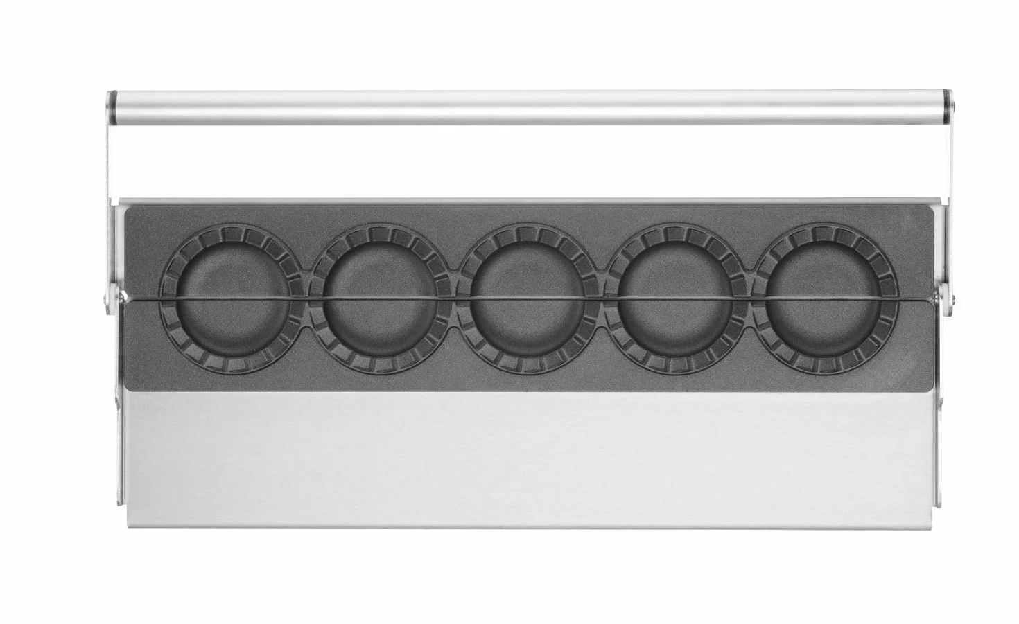 HENDI Máquina para hacer empanadillas, manual, molde para preparar 5 dumplings a la vez, revestimiento antiadherente, presión uniforme, prensa para pastas rellenas, 470x140x(H)95mm, acero inoxidable