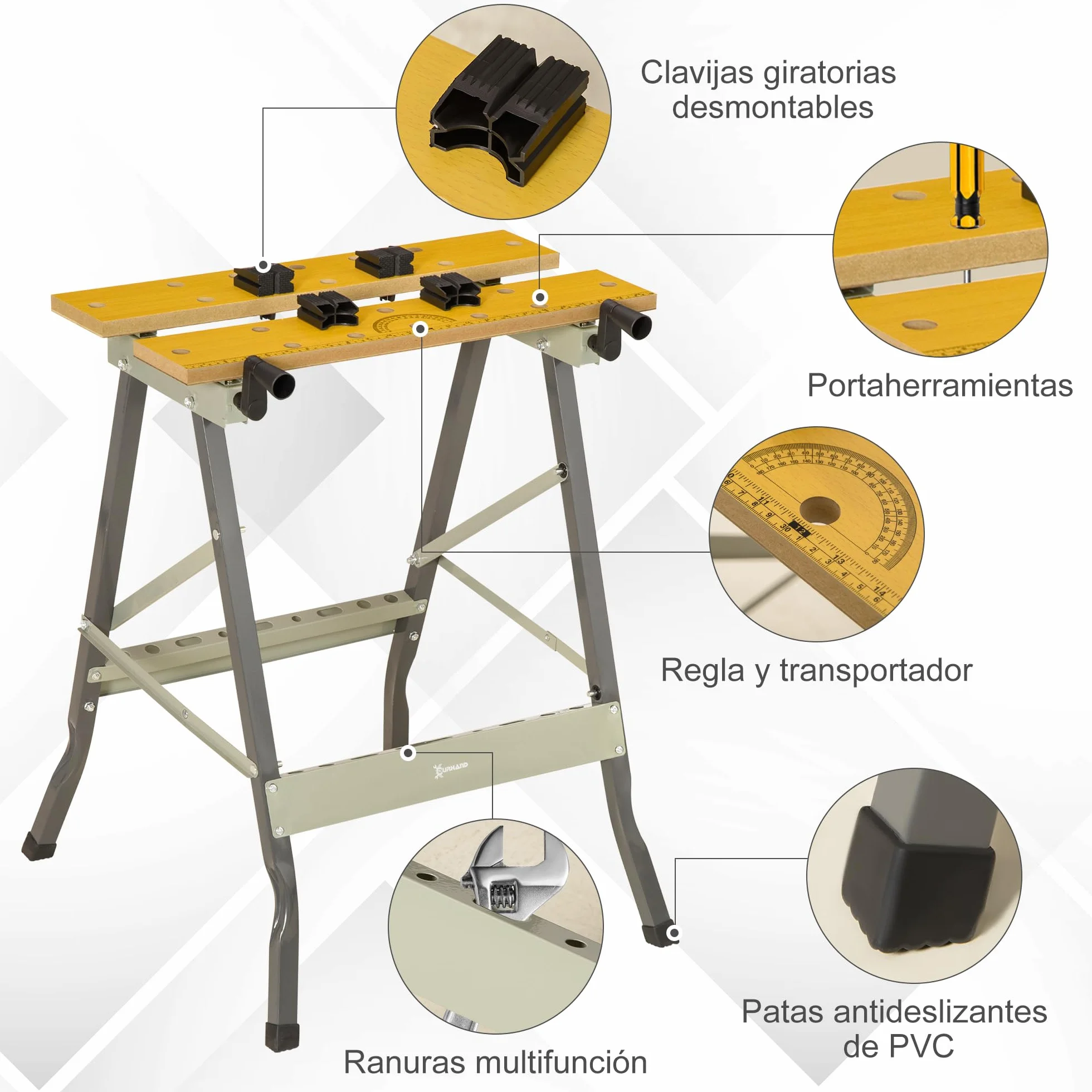 DURHAND Banco de Trabajo Plegable 4 en 1, Mesa de Trabajo con Abrazaderas Ajustables, Carga 100 kg, 62,5x60,5x78,5 cm