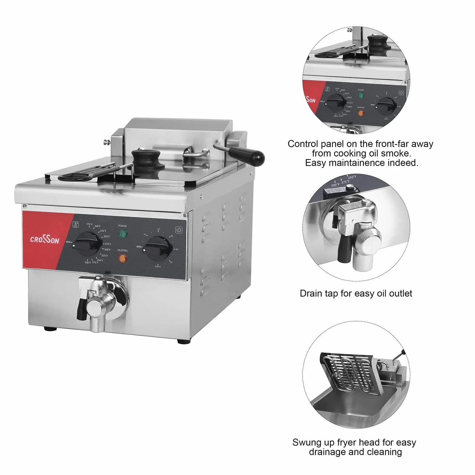 Freidora de mostrador eléctrica CROSSON 6L extra grande con drenaje, temporizador, cesta y tapa para uso en restaurantes Freidoras comerciales de 230 V, 3000 W (6 V EU)