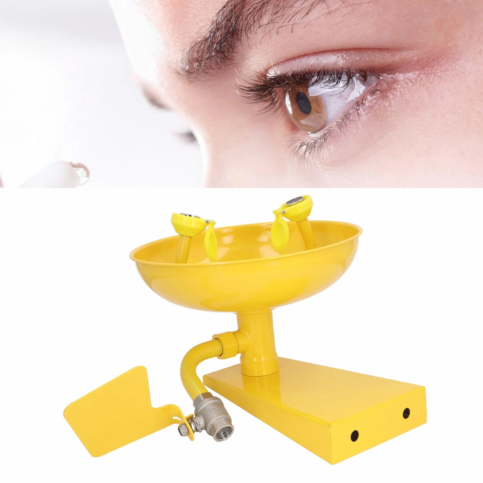 Lavador de Ojos Montado en la Pared, Estación Lavaojos Amarilla, Dispositivo de Lavado de Ojos de Emergencia, Cabezales de Pulverización Dobles de Acero Inoxidable, Estación de