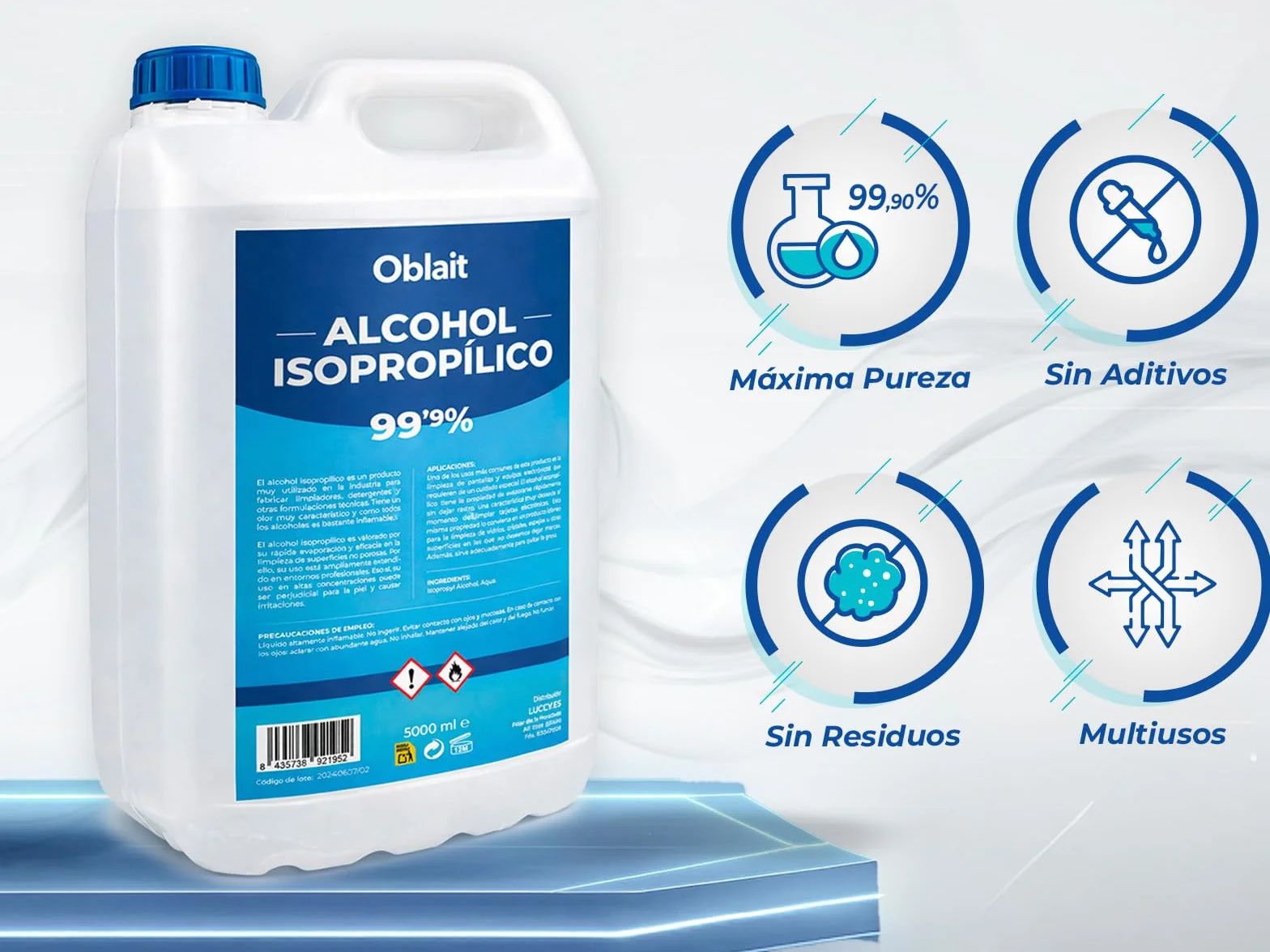 Alcohol Isopropílico 99,9% Puro 5L + Botella Spray Rellenable 250 ml | Isopropanol | Limpieza de Componentes Electrónicos y Superficies