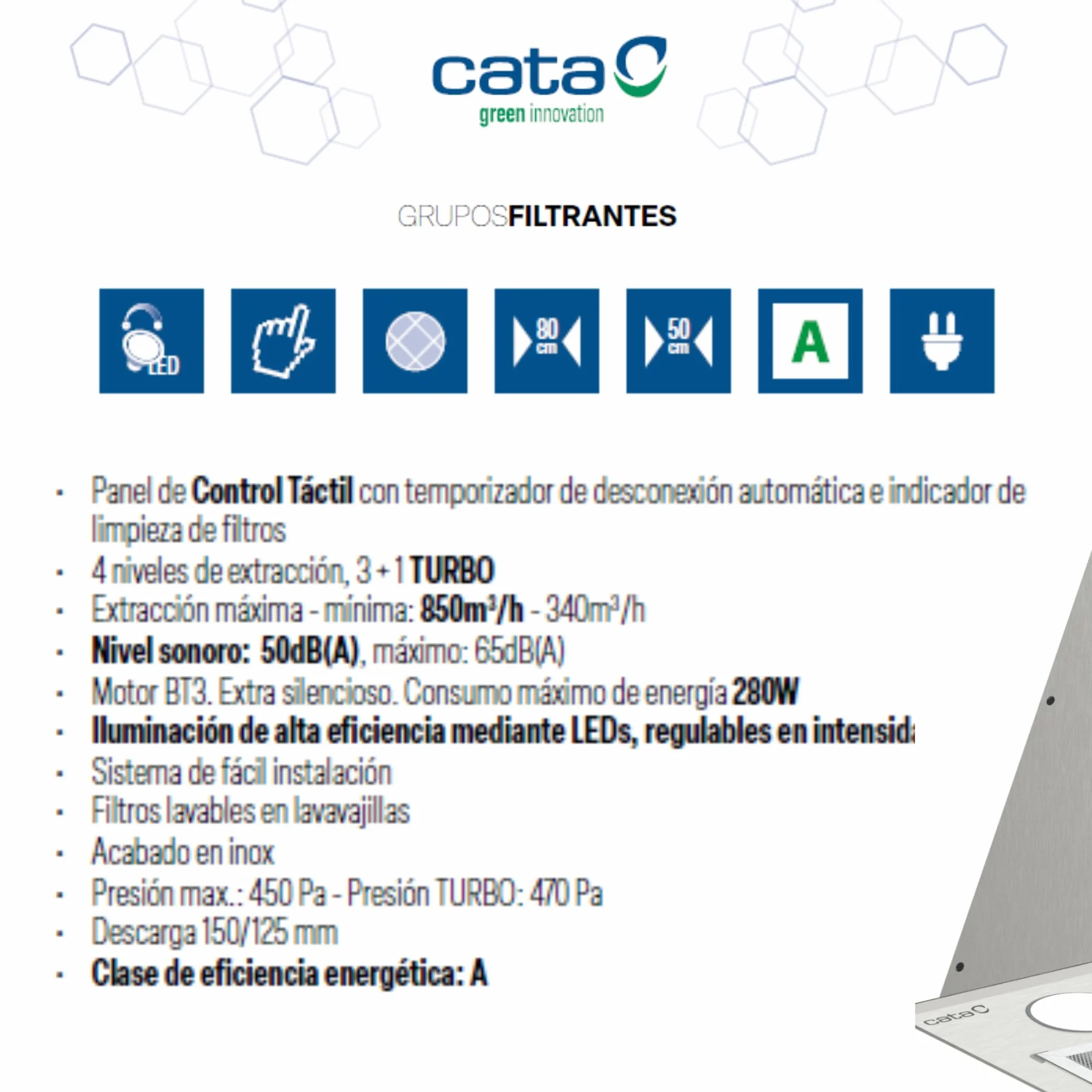 Cata GL 45 X Campana Extractora Cocina 820m³/h 4 Velocidades Acero Inoxidable