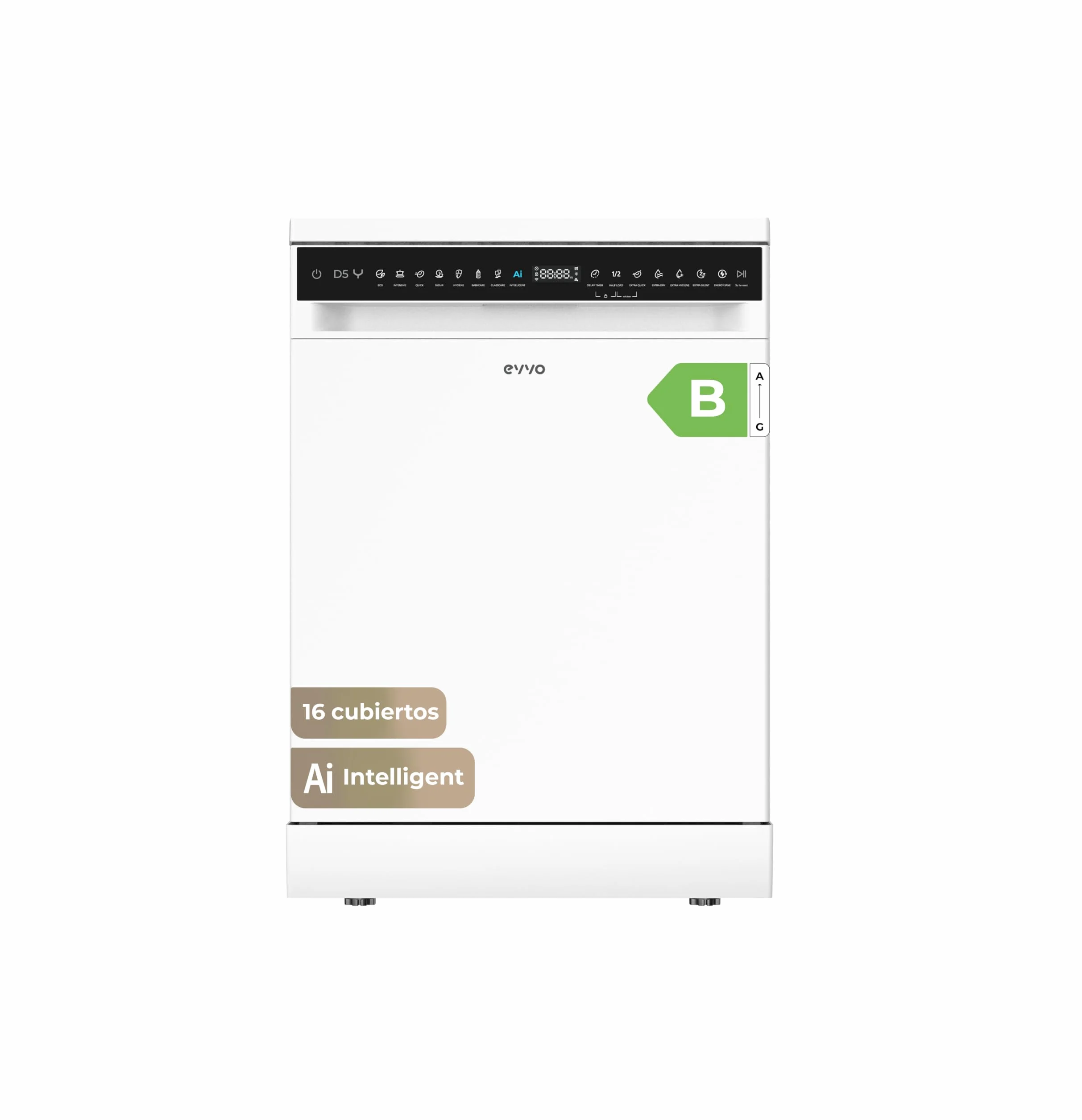 Lavavajillas EVVO D5Y, 16 cubiertos, Clase B, 45 dB ultra silencioso, 8 programas (Extra Silent, Extra Hygiene, Turbo), Inicio diferido, Energy Save, Secado Extra, libre instalación 60 cm