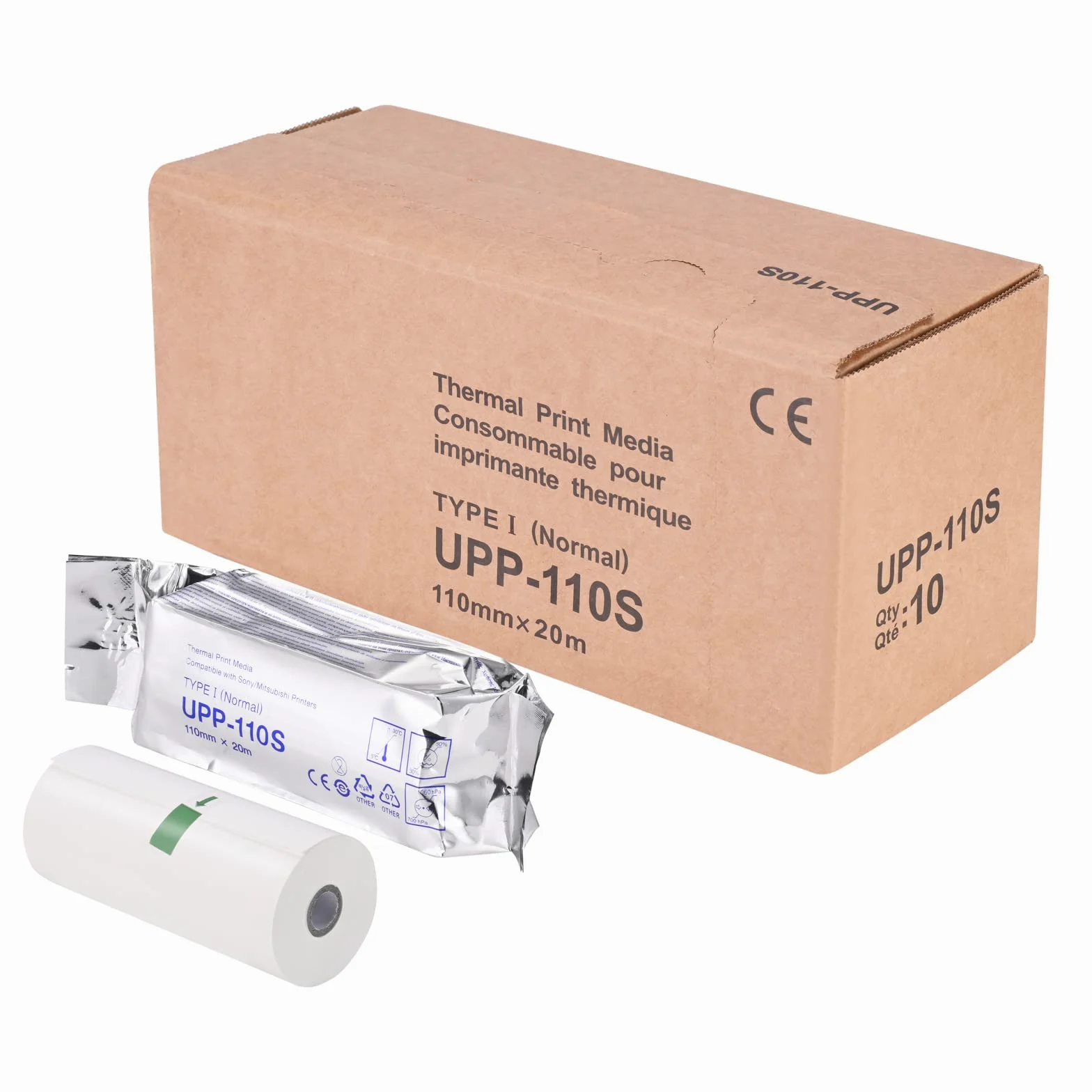 UPP-110S Sony - Papel ultrasonido compatible tipo I (nominal), medios de impresión térmica para impresora en blanco y negro (110 mm x 20 m), reemplazo para película de ultrasonido Sony (10 rollos)