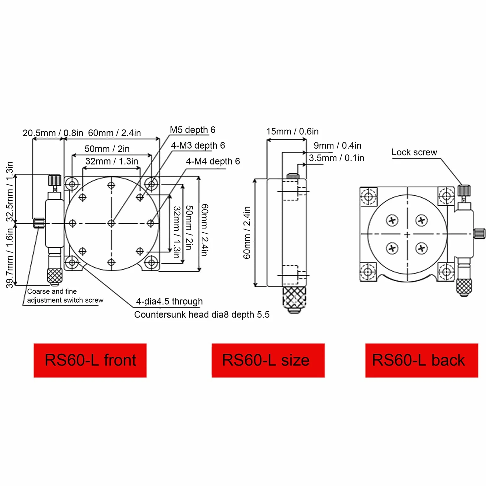 Plataforma de desplazamiento manual Los ejes R Rotación Etapa lineal de 360 ​​° Tabla 60 mm RS60 L Tuning Fine Sliding Etapa óptica