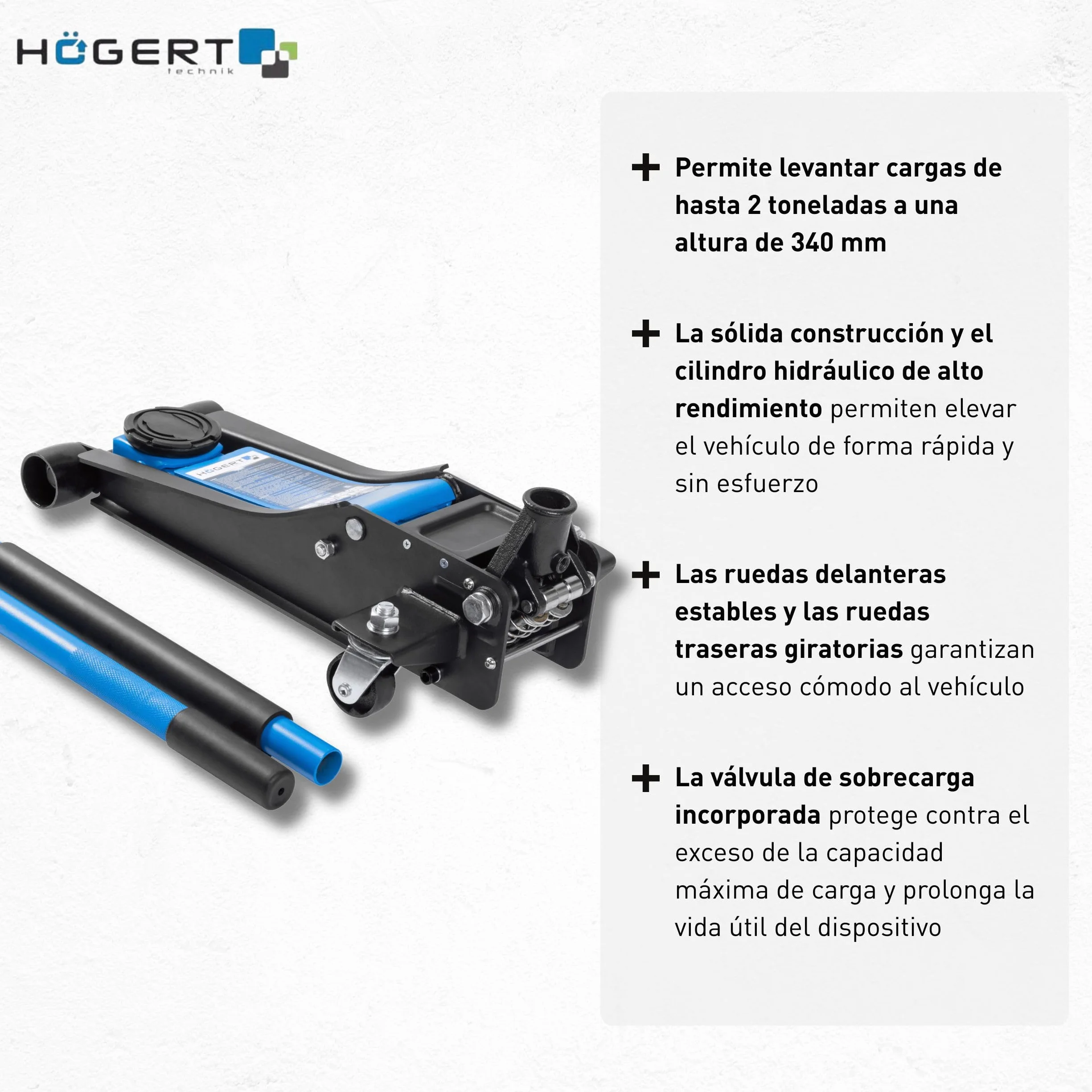 HÖGERT TECHNIK Gato hidráulico 2T, Plano, 85-430 mm, Compacto, Acero, Ruedas, Válvula de Seguridad
