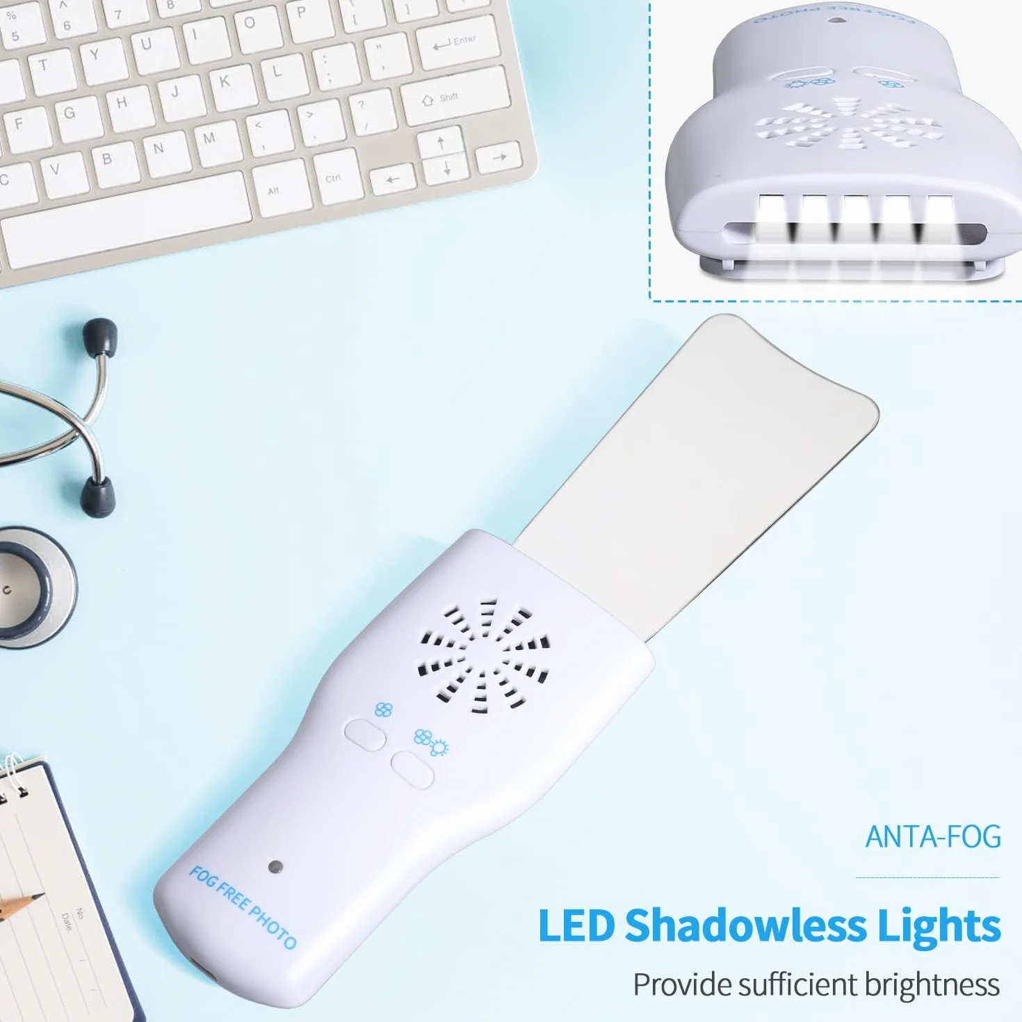 Espejo de fotografía dental sin niebla, espejo LED intraoral con cargador inalámbrico y ventilador, 4 espejos