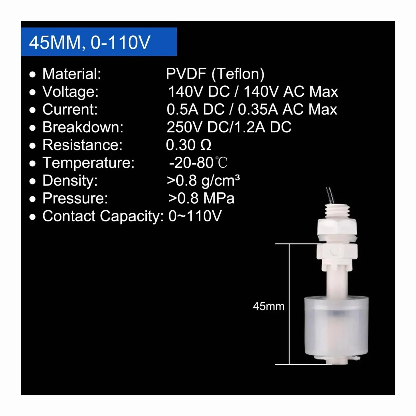 Sensor de nivel de flotador de bola única de PVDF(Single-45mm-0-110V)