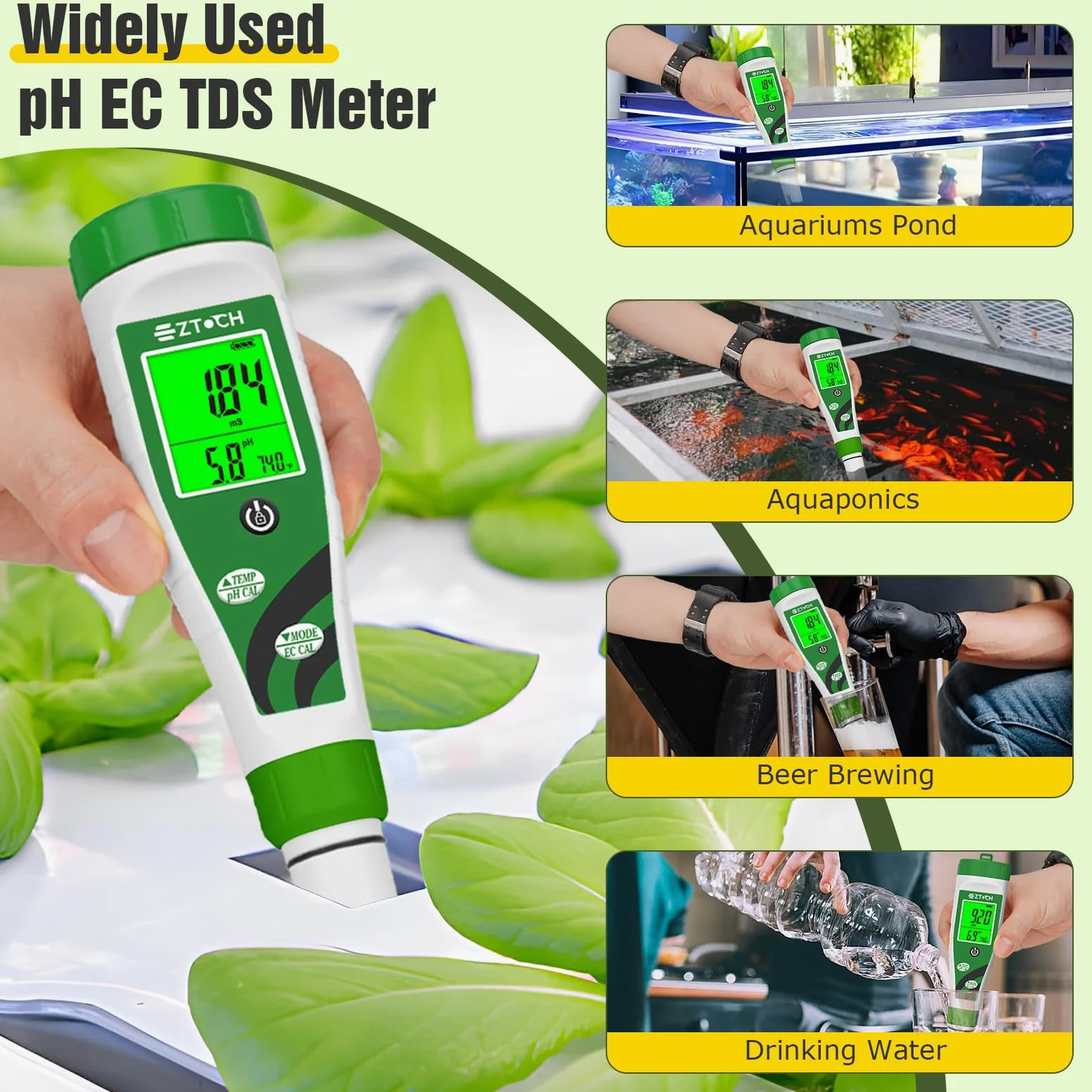 Medidor hidropónico de pH EC PPPM, medidor de pH TDS con visualización simultánea para solución de nutrientes de depósito, medidor de pH EC para configuración de sistema DWC hidropónico de agua