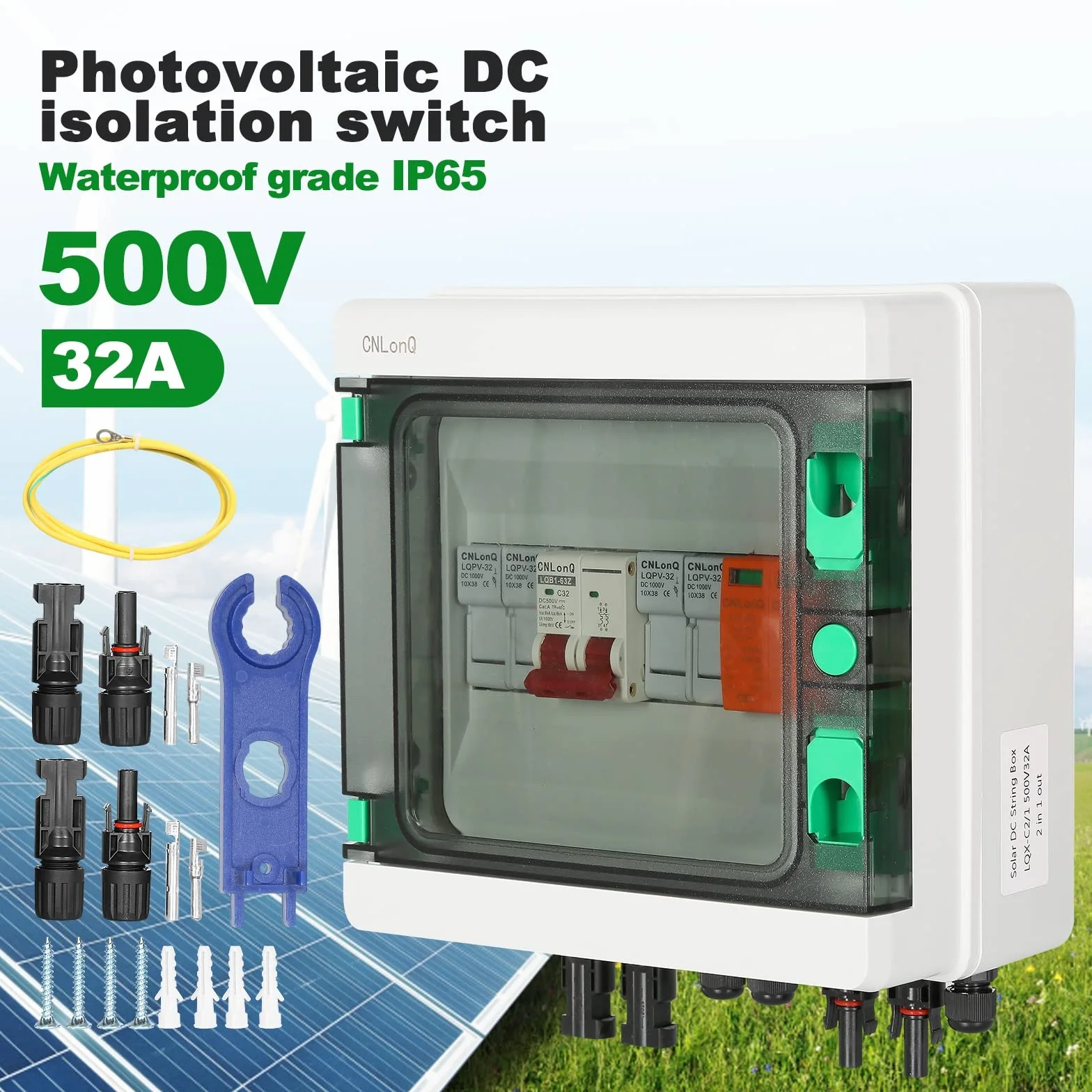 Caja Combinadora Fotovoltaica Con Disyuntor de 32A, Pararrayos y Conector Solar, Para Sistema de Panel de Red de Encendido/Apagado 500V, 2 in 1 out 2