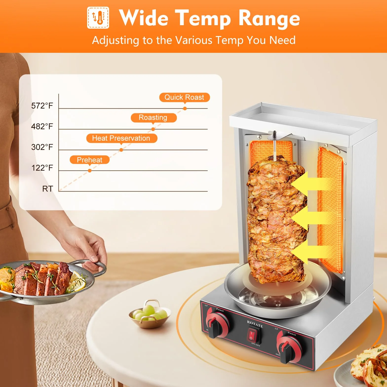 Máquina de döner kebab a gas, DSYOGX Vertical Parrilla Eléctrica Rotativa, 3000W 220V Döner-Vertikal-Multigrill puede asar brochetas de cordero y pollo, Negro