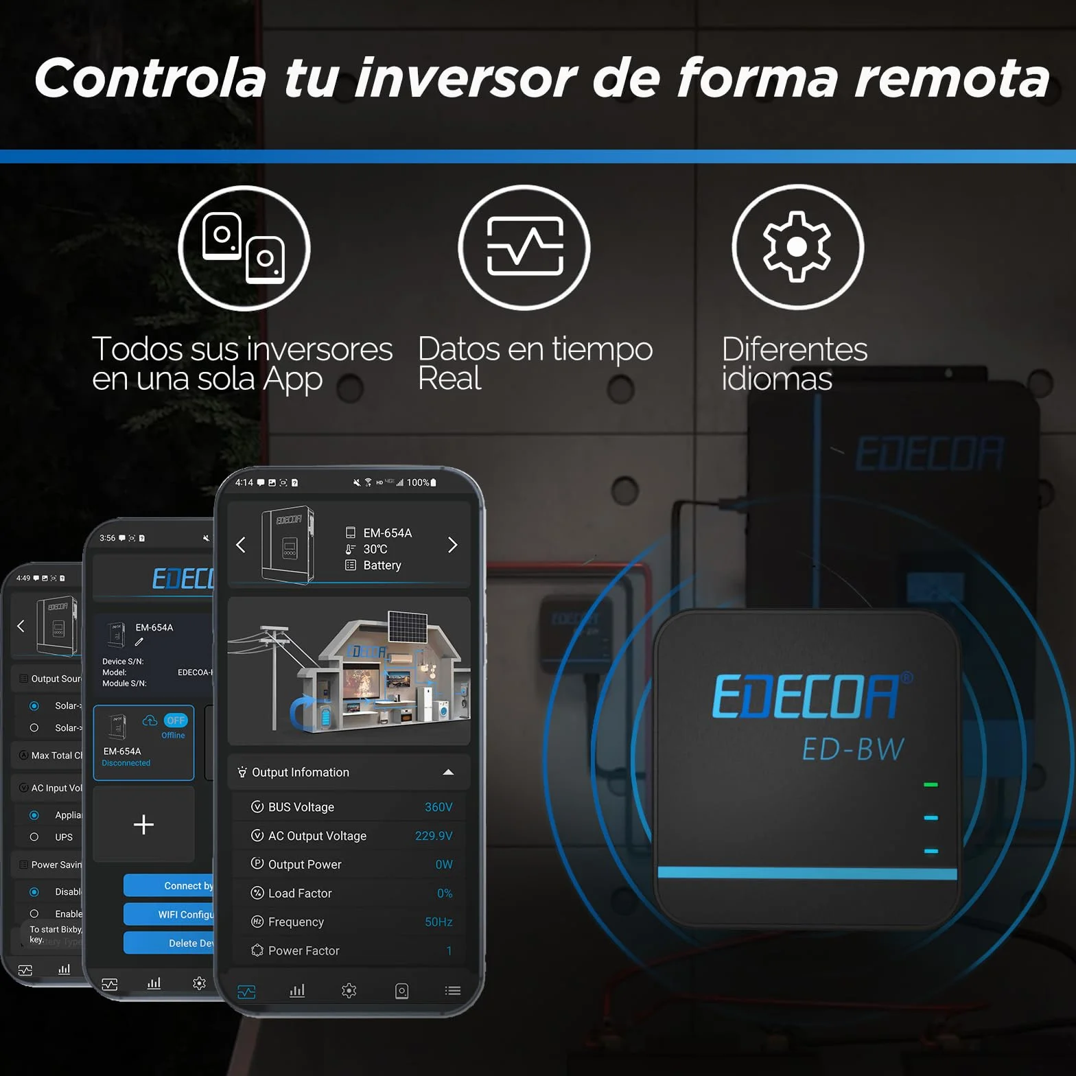 EDECOA Adaptador de sincronización de datos Módulo WiFi para conexión con inversores híbridos Fácil control de parámetros y estado del inversor híbrido