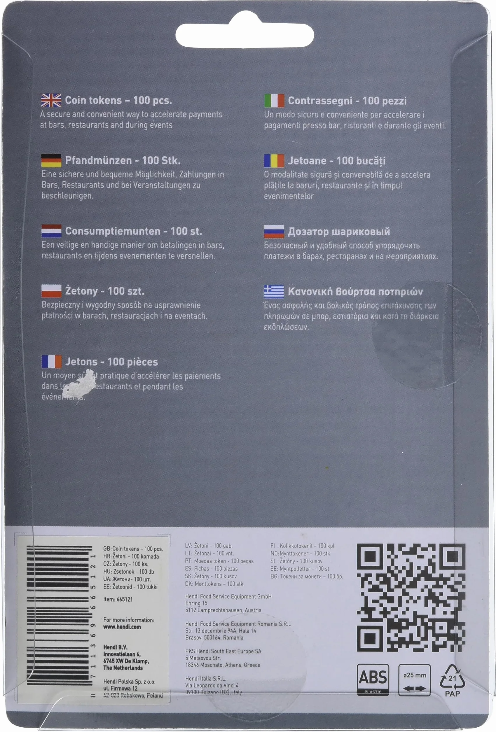 HENDI Fichas plásticas grabadas con símbolo del euro, BarUp, reutilizables, 100 uds, ⌀25mm, ABS, azul