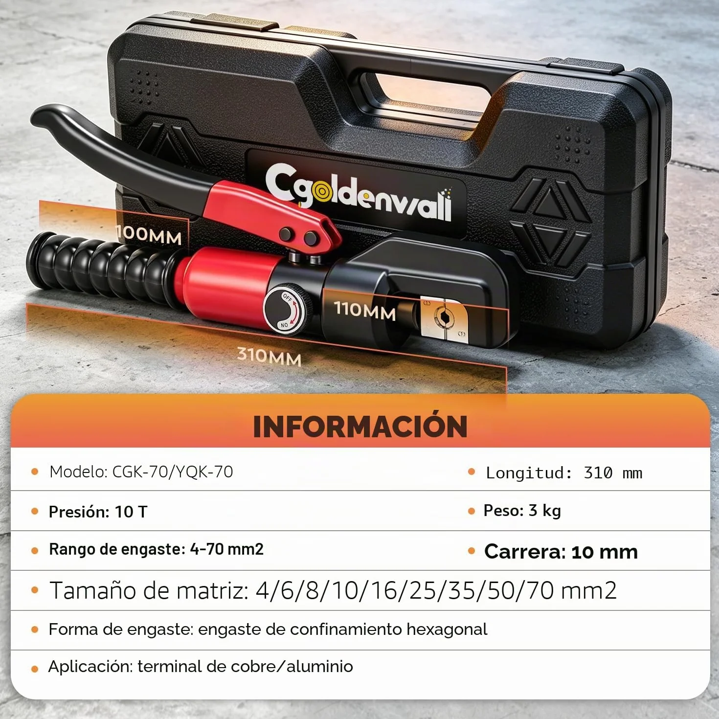 CGOLDENWALL Crimpadora Hidráulica Manual YQK-70 4-70m㎡ Mango Aislado Cabezal C