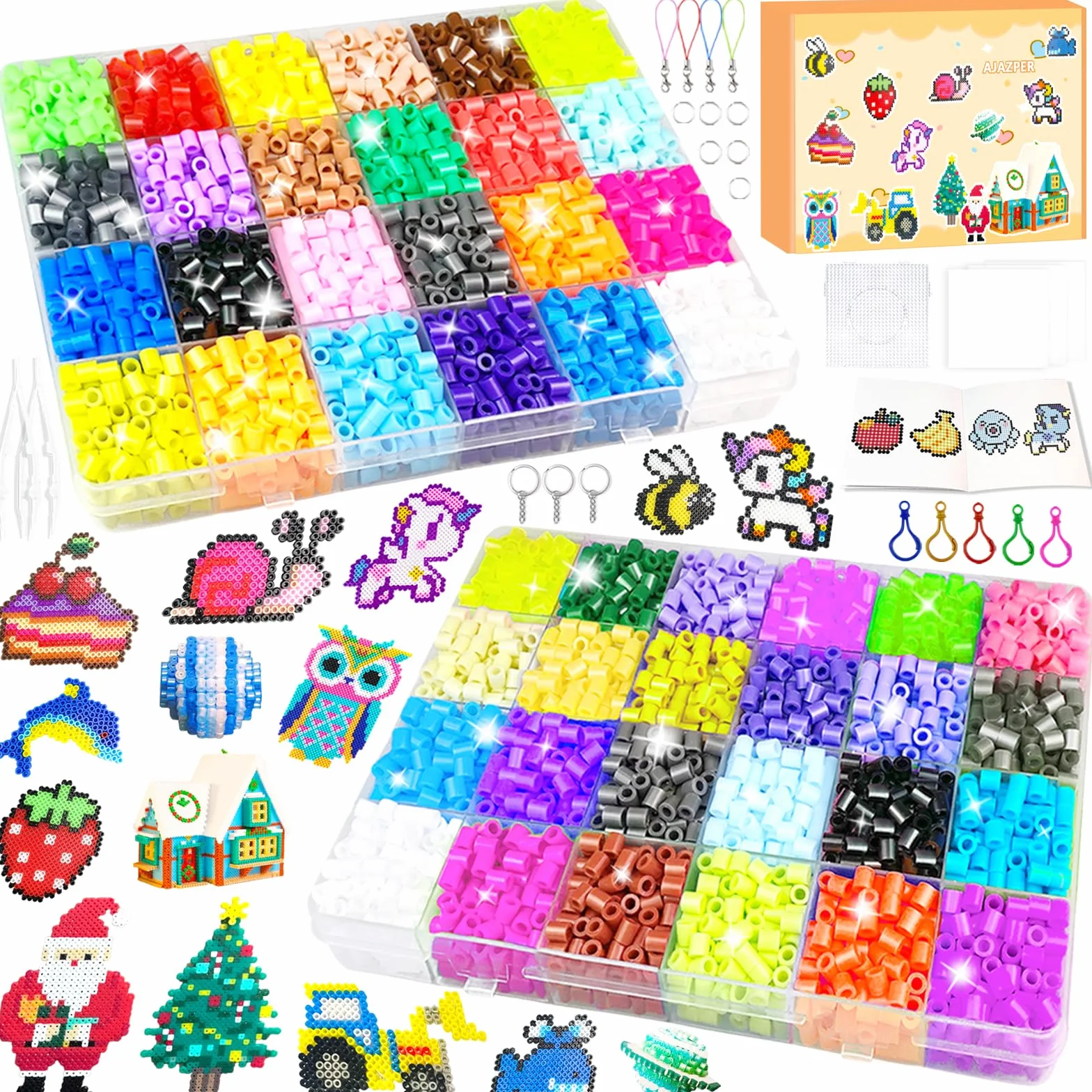 AJAZPER Kit de Cuentas Para Planchar 5MM, 2 Cajas de 48 Colores Fusibles con Caja de Almacenamiento, Guía, Manualidades para Niños 5+
