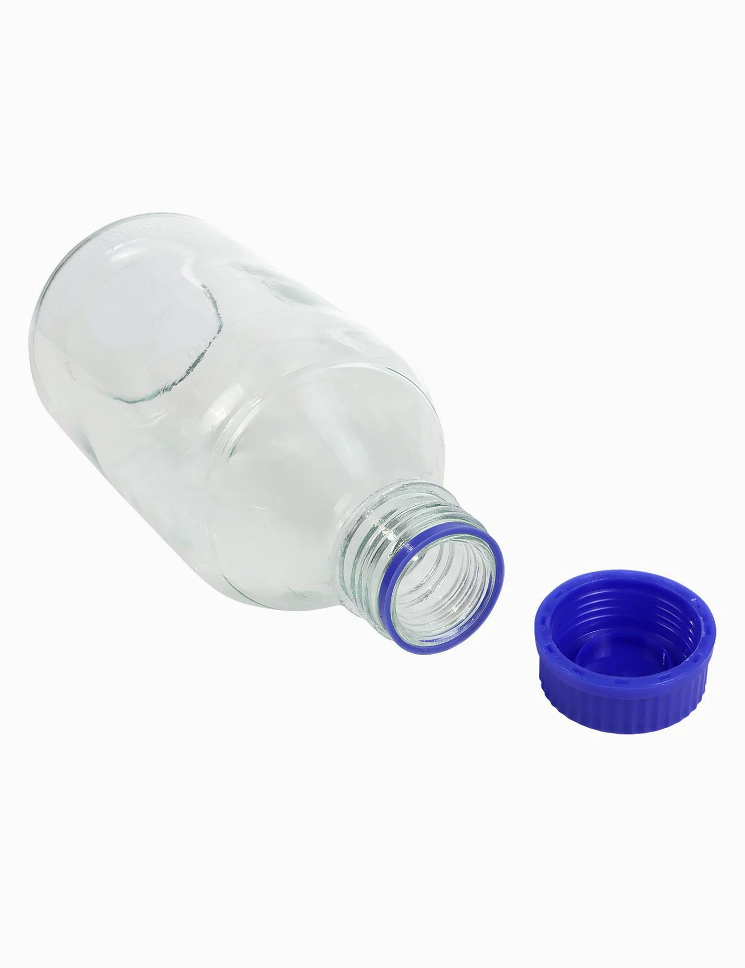 Pyrex - Paquete de 4 botellas de vidrio redondas graduadas de 1000 ml con tapón de rosca de polipropileno azul GL45