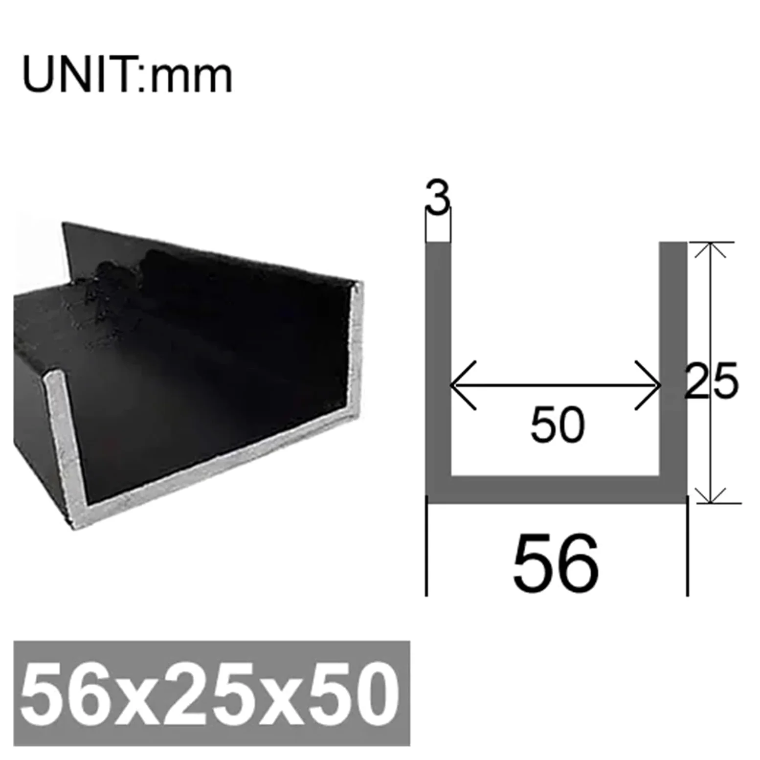 Perfil de aluminio en U, 6063 Aluminio Canal U Ranura Equilátera Negro 500mm 2 Piezas(56x25x50mm)