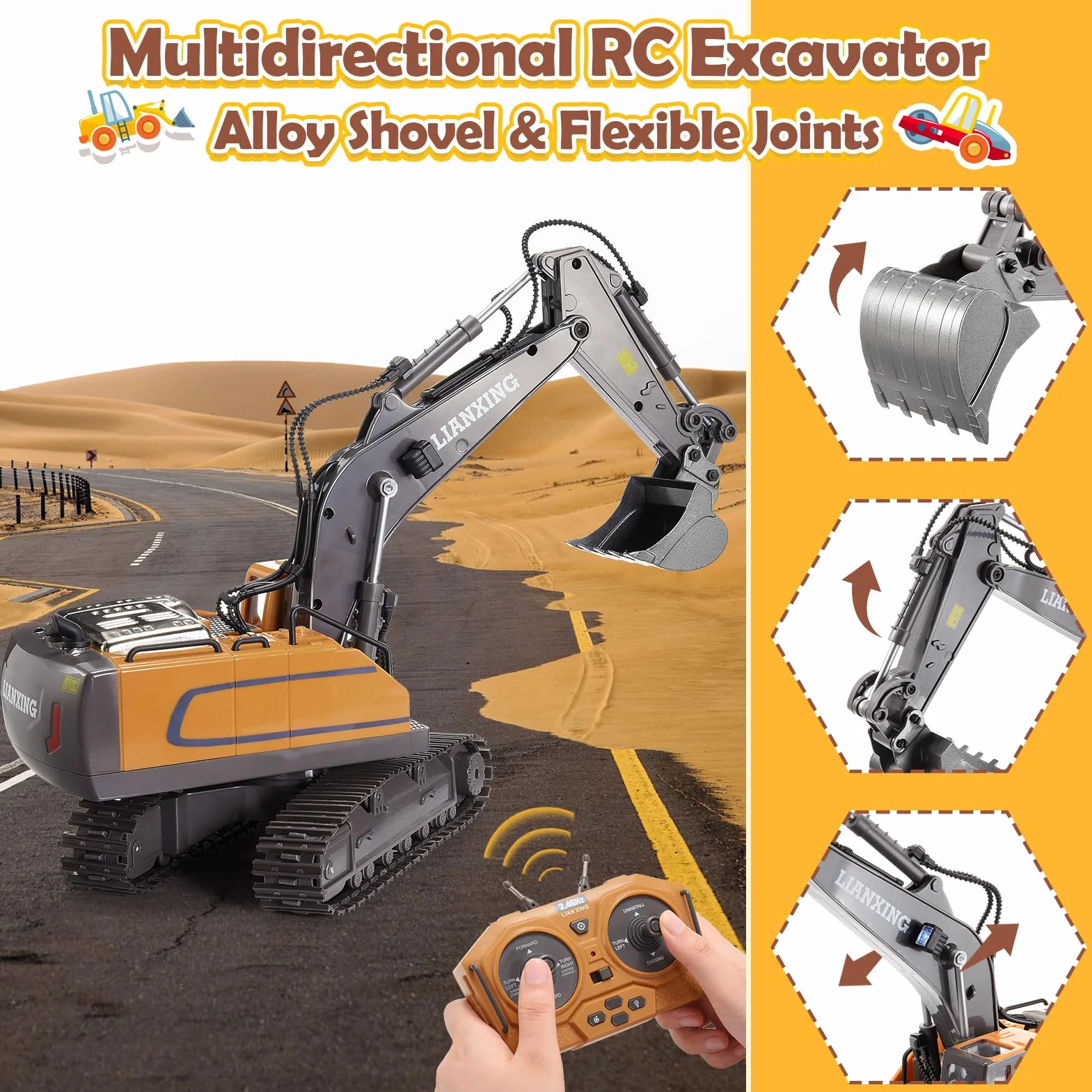 HappyGoLucky excavadora teledirigida RC 1:20 680° rotación con luces juguete para niños 3-8 años