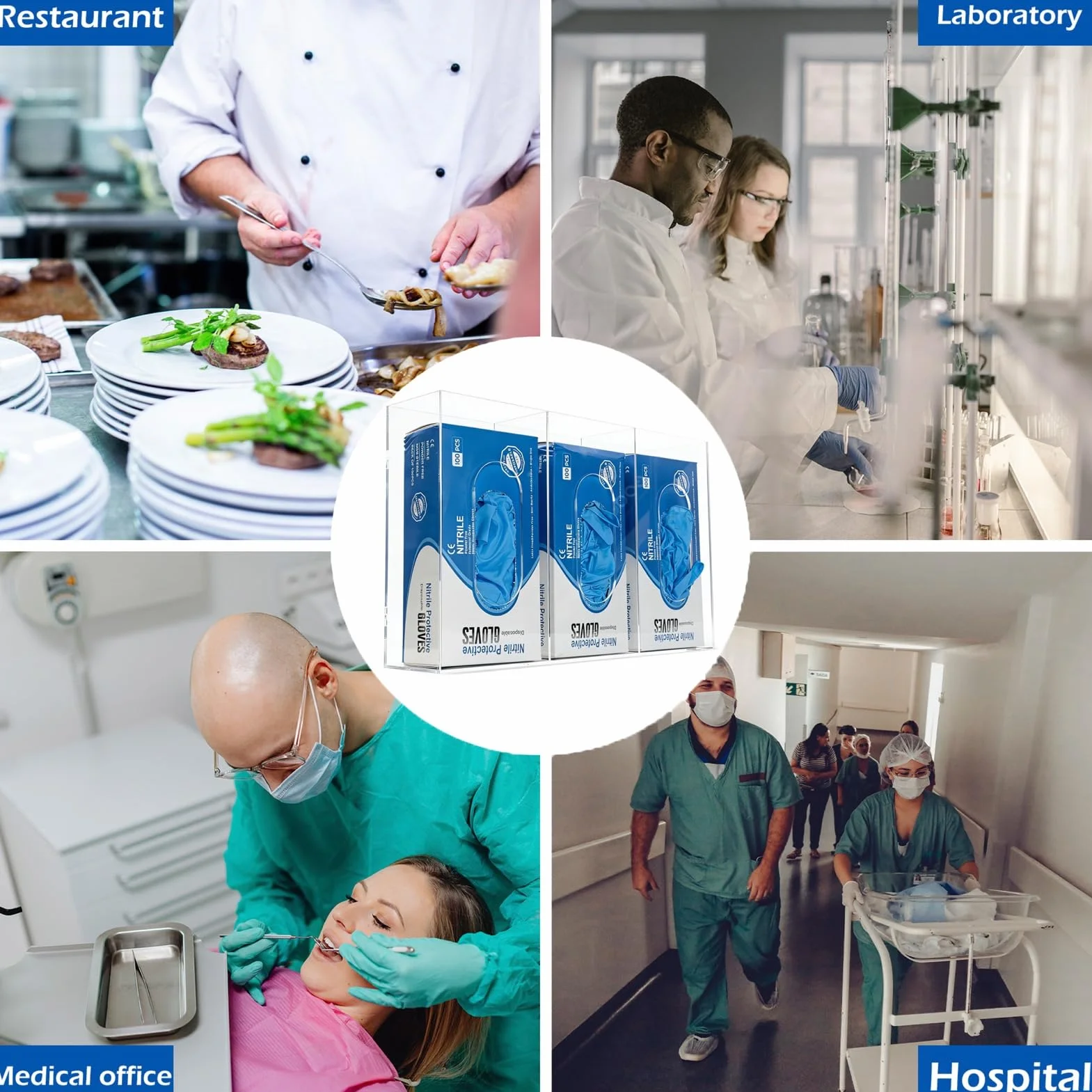 Dispensador acrílico triple compartimento carga lateral para guantes desechables médicos