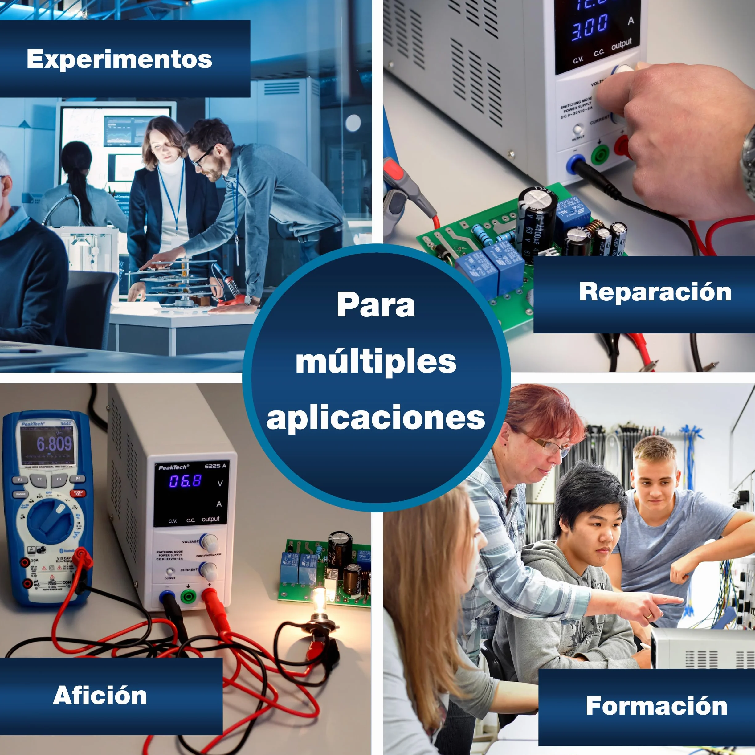 PeakTech 6225 A – Fuente de alimentación 0-30V / 0-5A, ajustable, DC con pantalla LED de 4 dígitos, conmutación estabilizada, amperímetro, sobrecarga y prueba de cortocircuito, diseño estrecho