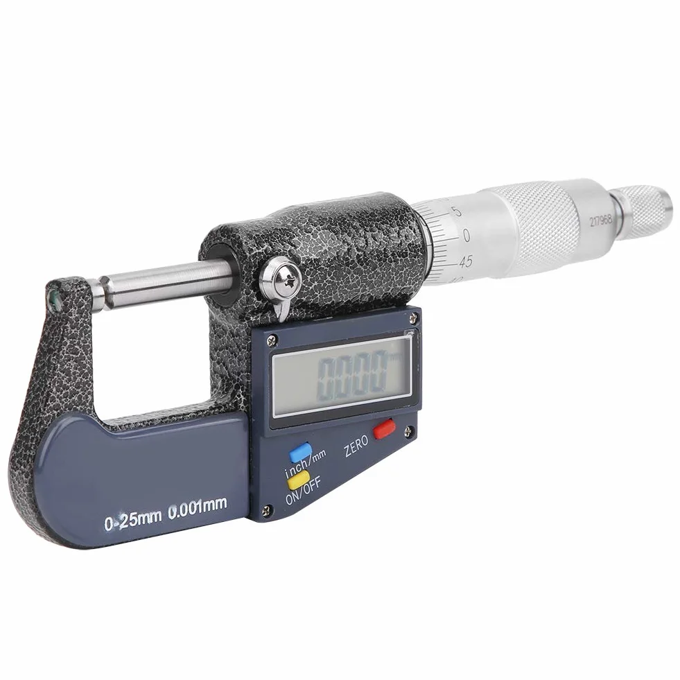 Micrómetro, Micrómetro Doble Cabeza Redonda Digital Acero Inoxidable con Llave, Rango 025mm Resolución Métrica 0.001mm/0.0005in, Micrómetros Exteriores