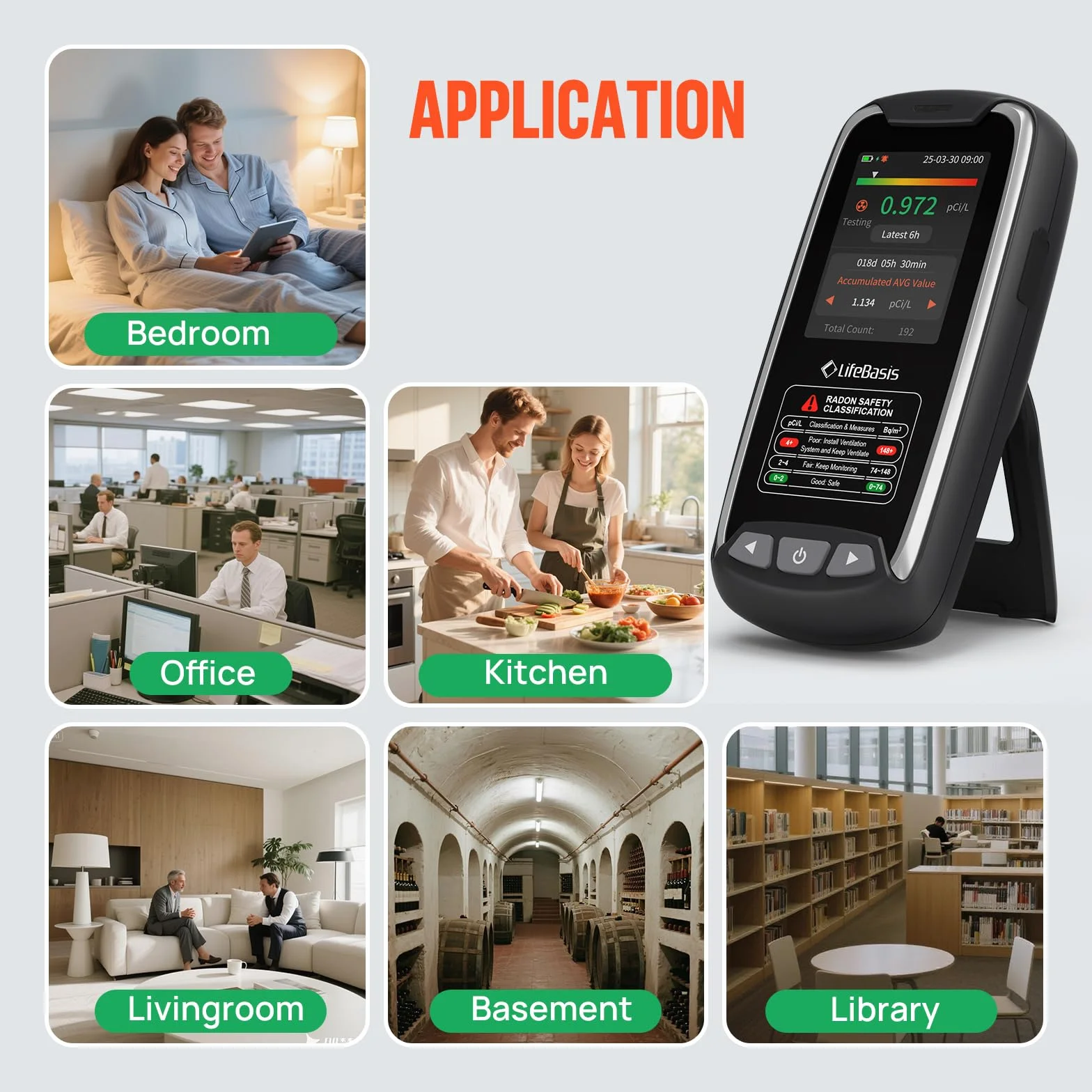 Monitor de radón portátil LifeBasis para uso doméstico,sensor de alta precisión, almacenamiento de datos de larga duración con alarma visual y sonora,visualización de datos iniciales en 6 Bq/m³o pCi/L