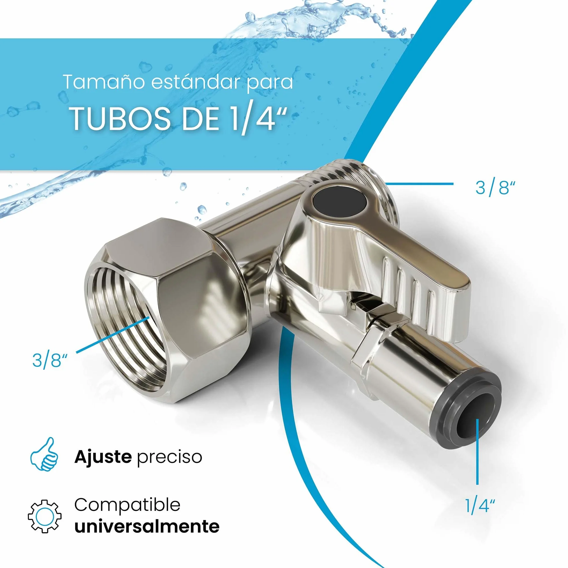 Válvula de Cierre de Acero Inoxidable 3/8 x 3/8 x 1/4" Conector en T Push-Fit para Frigorífico SBS