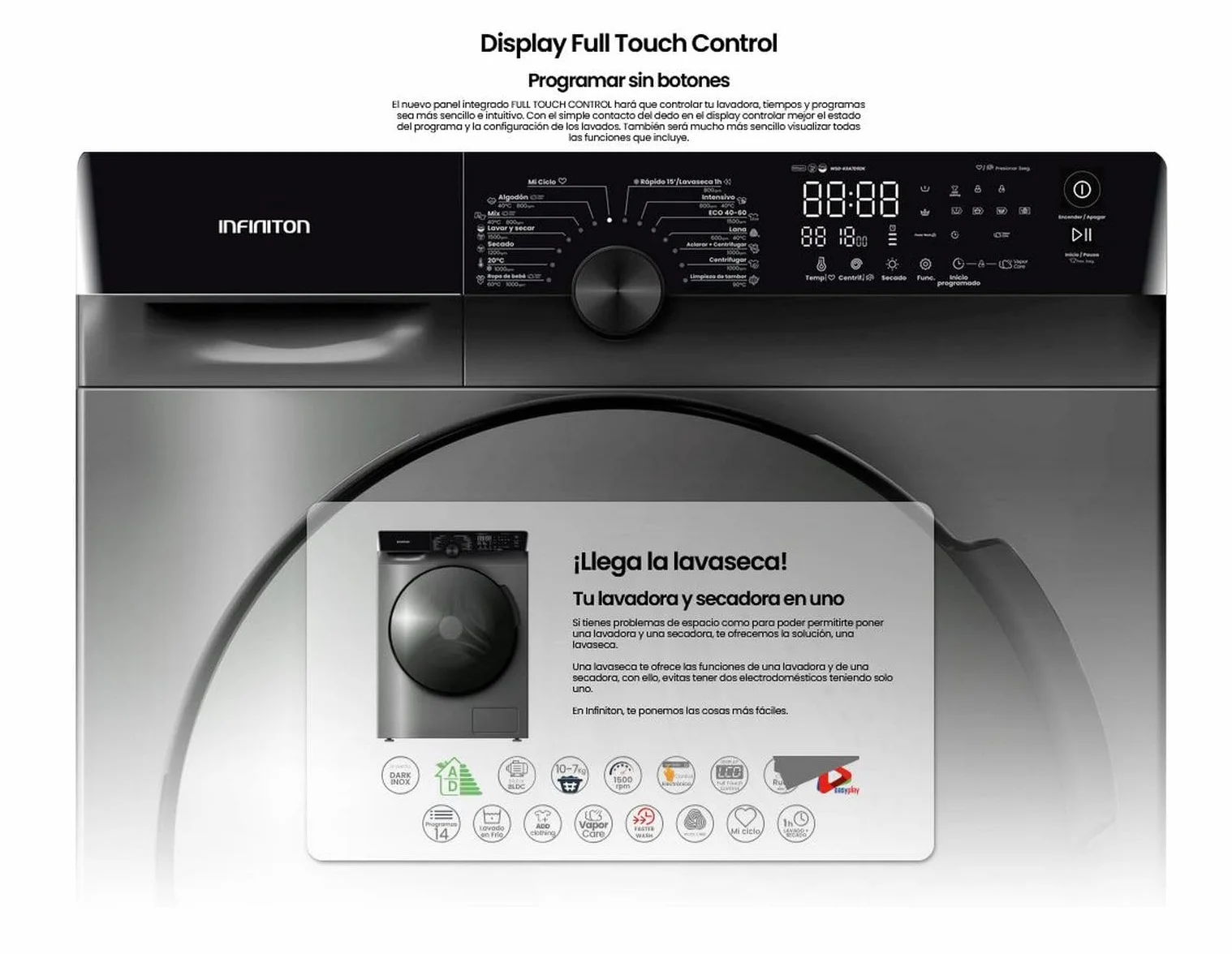 Lavaseca Carga Frontal INFINITON WSD-K0A7D5DK 10 kg Lavado 7 kg Secado 1500 RPM Dark Inox