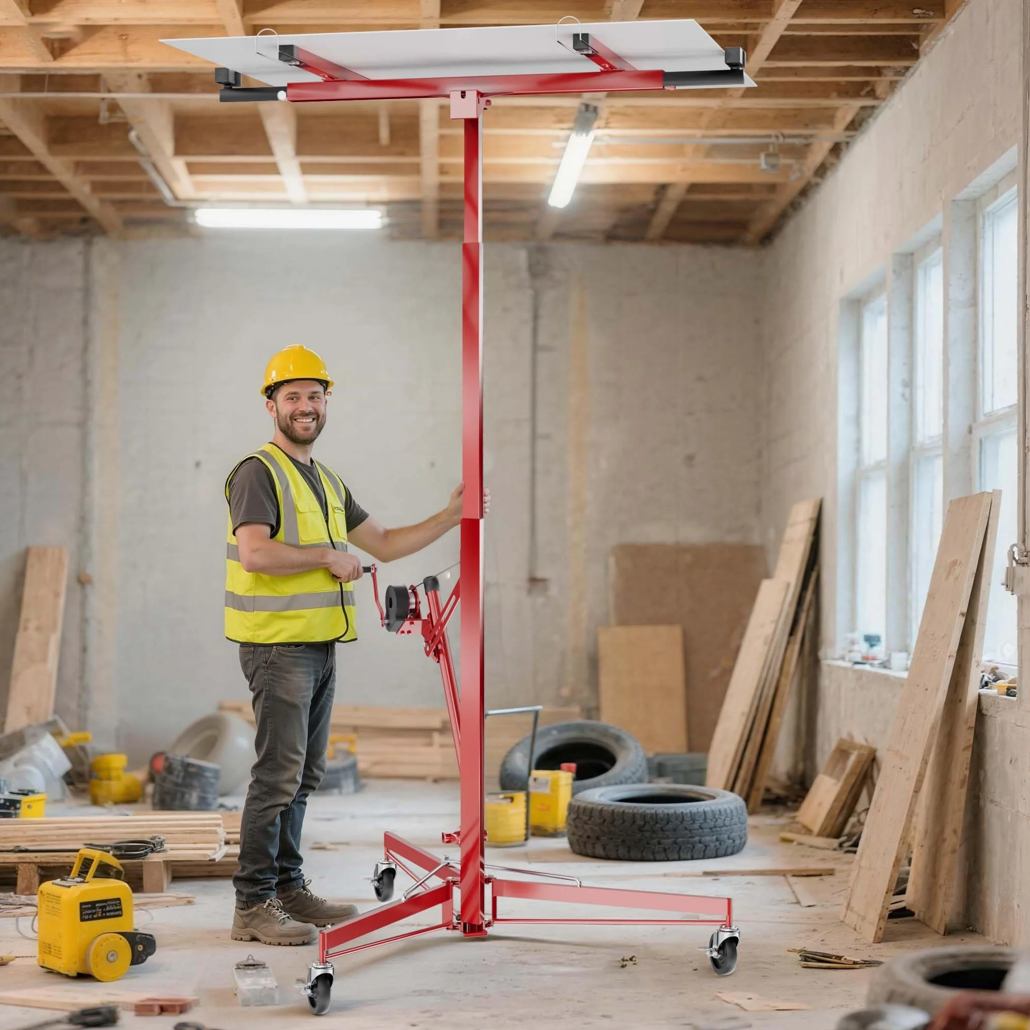 Wiltec Elevador de paneles de yeso XXL hasta máx. 68 kg, altura 140-350 cm, ancho máx. 2,90 m, ayuda de construcción en seco 3 ruedas con freno de posición manejo fácil por 1 persona