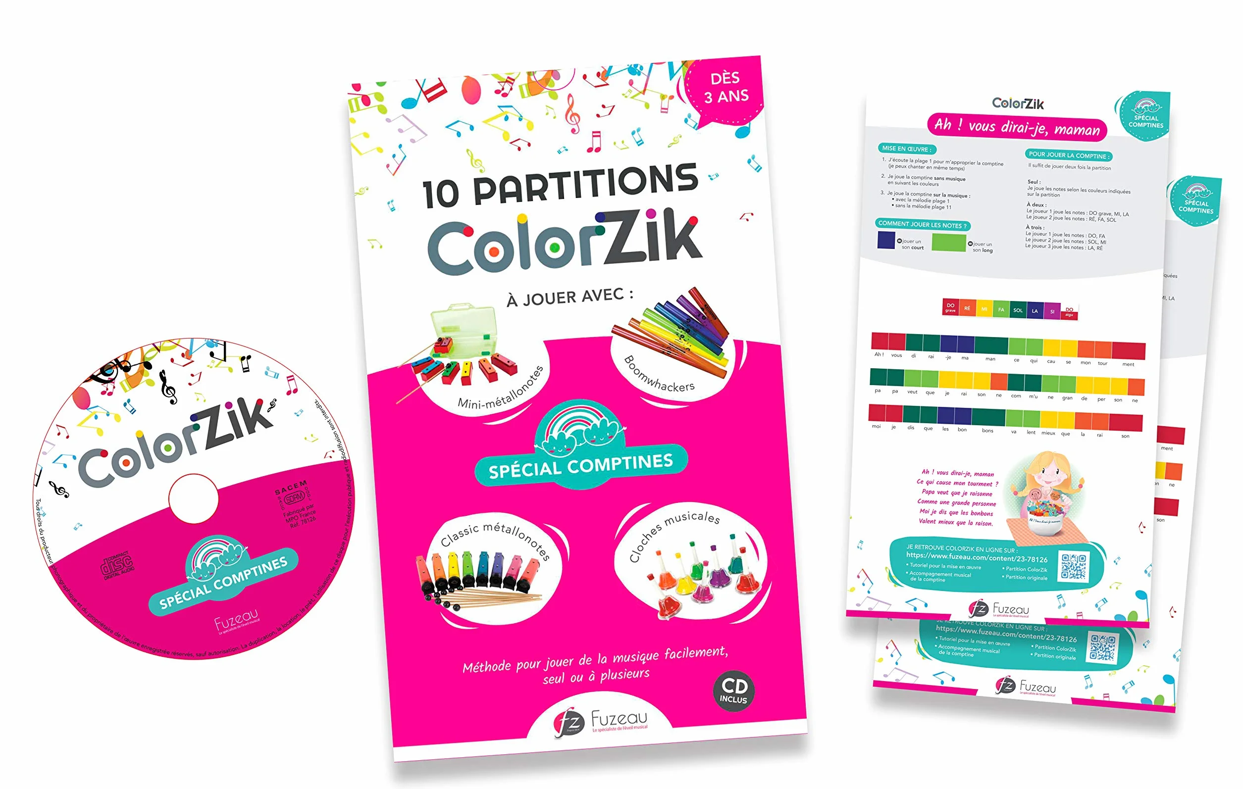 Fuzeau Folleto musical pedagógico CD de audio Colorzik Comptines 10 partituras codificadas en colores con letras Método para reproducir música sin solfeo a partir de 3 años
