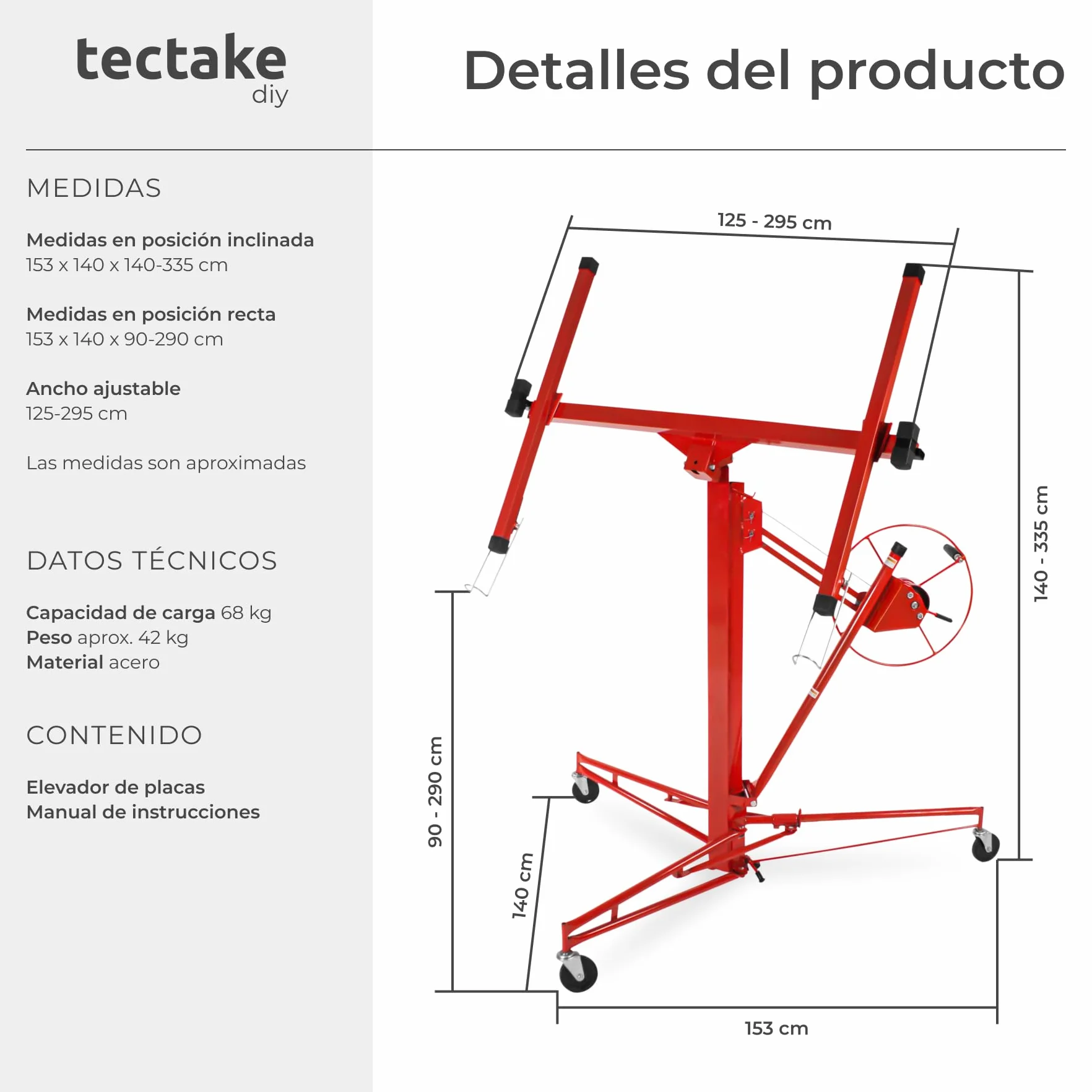 TecTake® Elevador Placas de Yeso, Pladur Profesional, Herramientas para Pladur, Plataforma Elevadora, Maquina de Pladur, Caballete Extensible, Planchas de Pladur, Carga 68 kg - Rojo