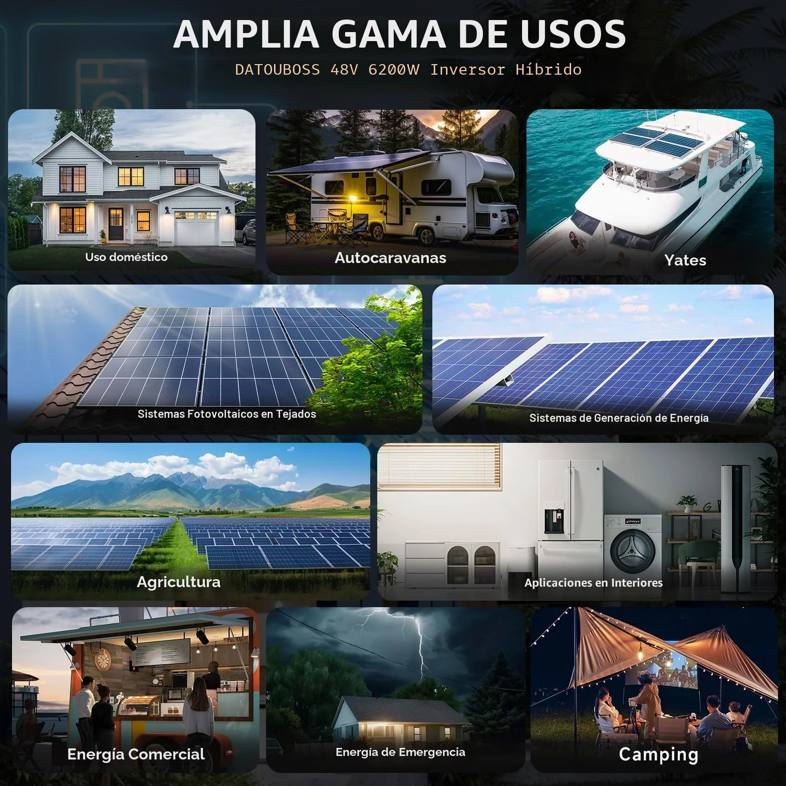 DATOUBOSS Inversor de corriente solar híbrido de 6200 W, 48 V CC a 230 V CA, inversor de onda sinusoica pura con MPPT de 120 A, entrada fotovoltaica de 8500 W, compatible con baterías de litio de 48 V