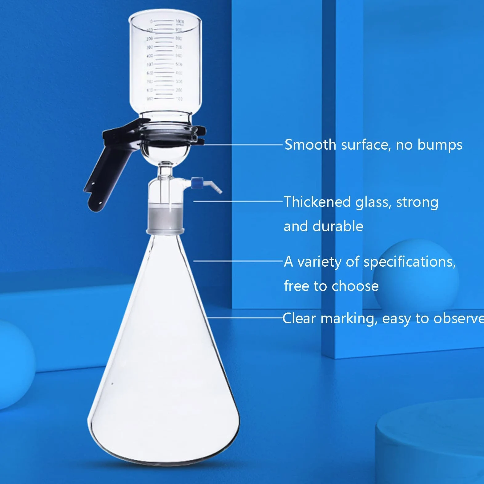 Filtro de succión al vacío de vidrio, kit de filtro de montaje de filtración al vacío de vidrio de borosilicato con embudo graduado de 300 ml, aparato de destilación de filtración al vacío para 250ml