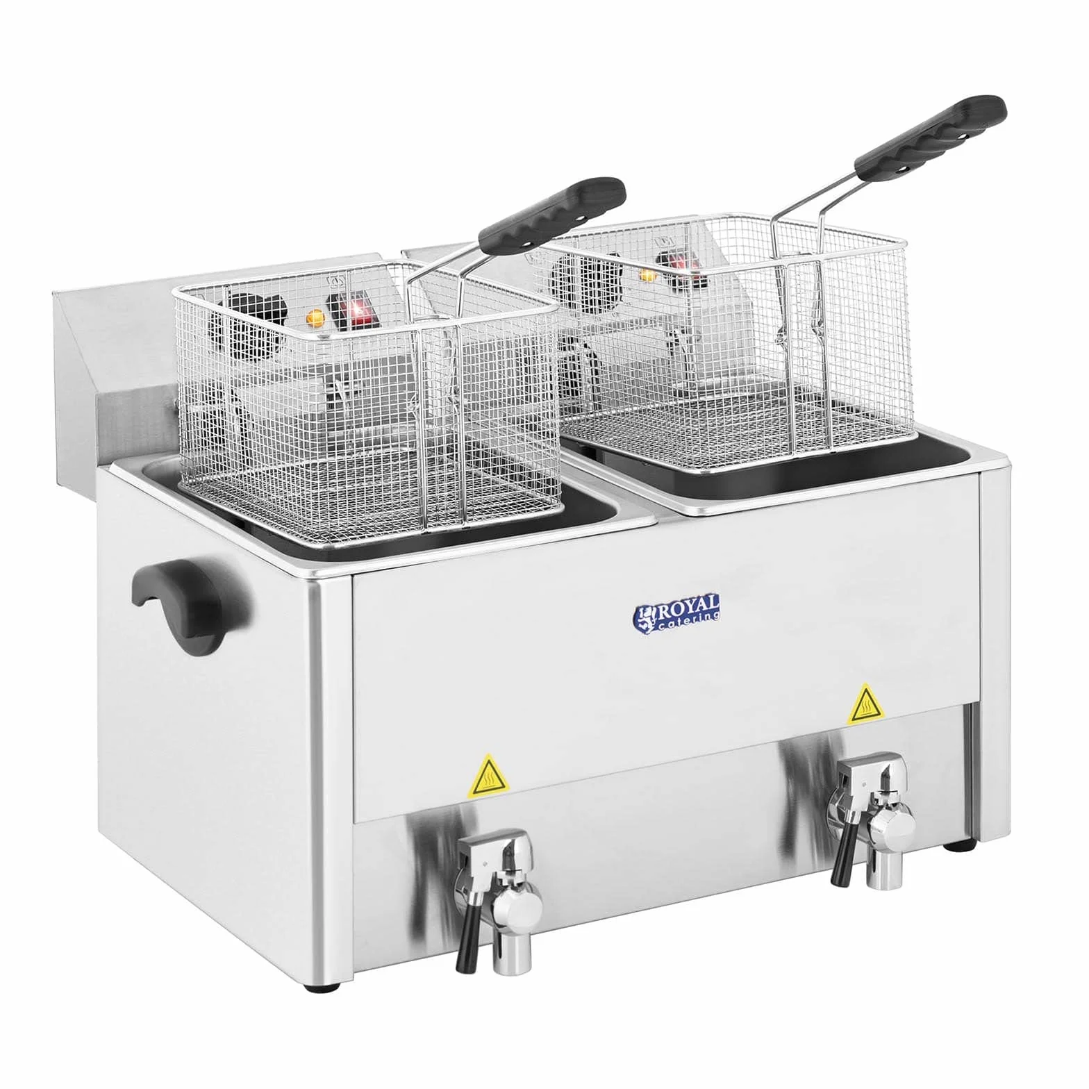 Royal Catering Freidora doble de acero inoxidable (capacidad 2 x 13 L, 2 x 3250 W, 230 V, termostato E.G.O. con grifo, incluye 2 cestas con tapa)