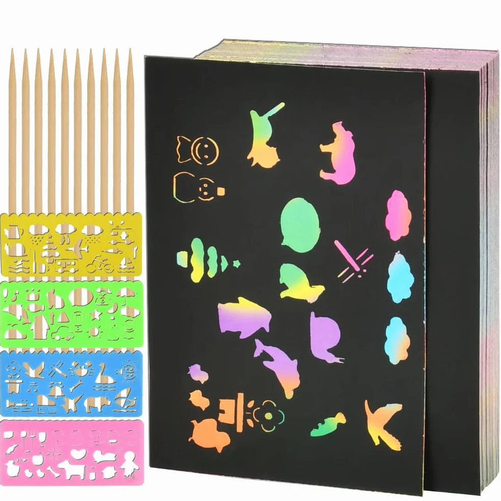 100 Hojas Dibujo Scratch Art Paper Láminas para Rascar Creativas con 4 Plantillas y 10 Lápices de Madera