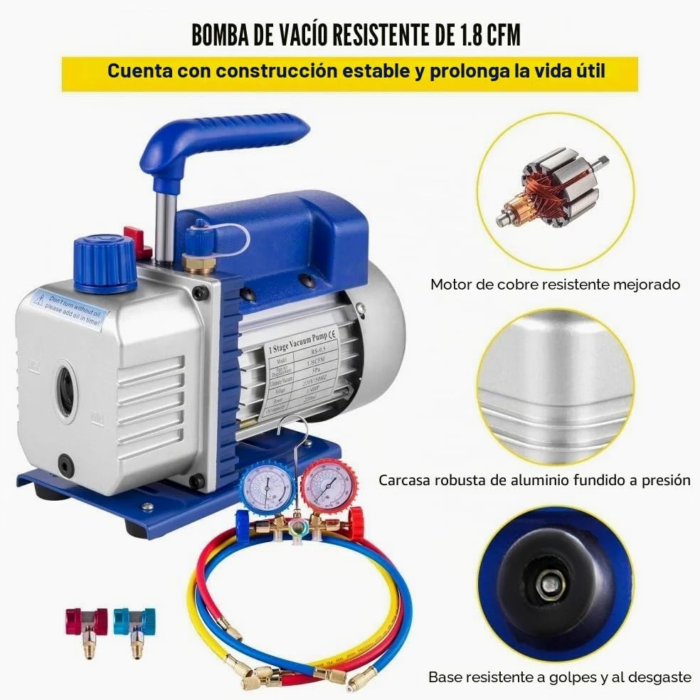 Bomba de Vacío 1,8CFM 1/4HP 220V / 50-60Hz para Aire Acondicionado Bomba de Vacío Coche con Medidor De Colector 1440 TR/Min Anti-Reflujo Aceite para Aire Acondicionado Coche Automotriz Refrigerador