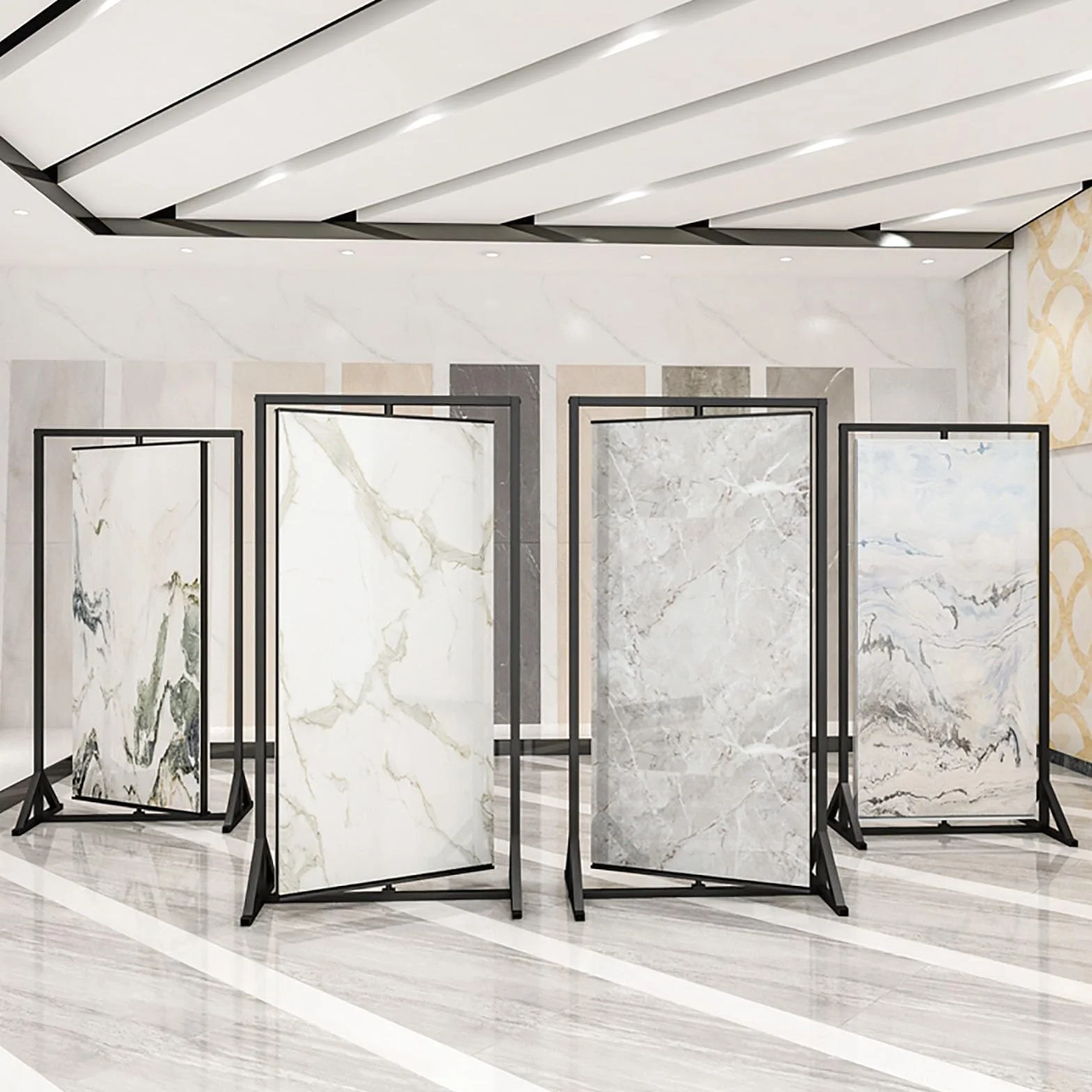 Estante de exhibición de azulejos de metal, soporte giratorio de doble cara para muestras de materiales de construcción, ideal para salas de exposiciones y organización de suelos
