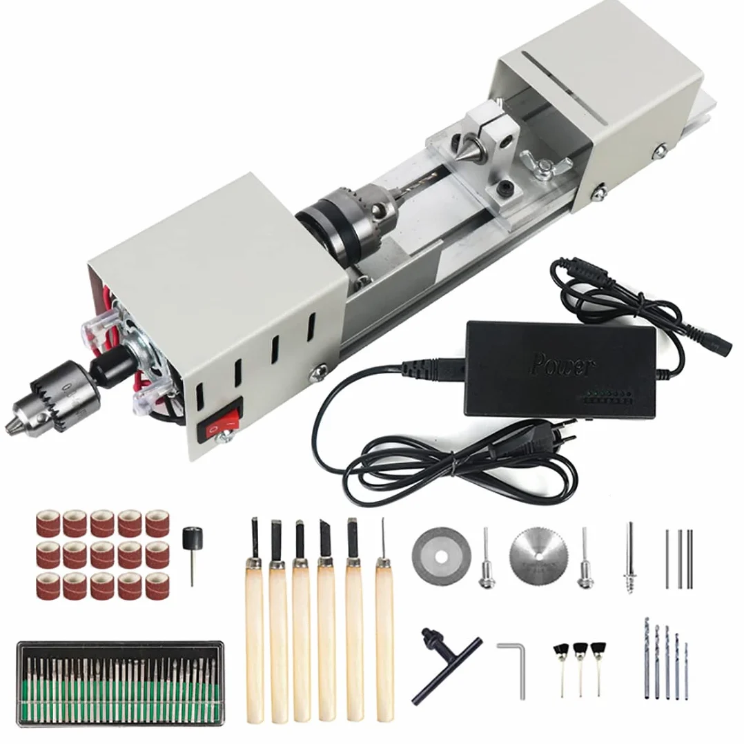 Torno pequeño de metal, mini torno 6 en 1 – 96 W para hacer modelos de madera para tallar, moler y moler piedra de madera, máquina de molienda de cuentas