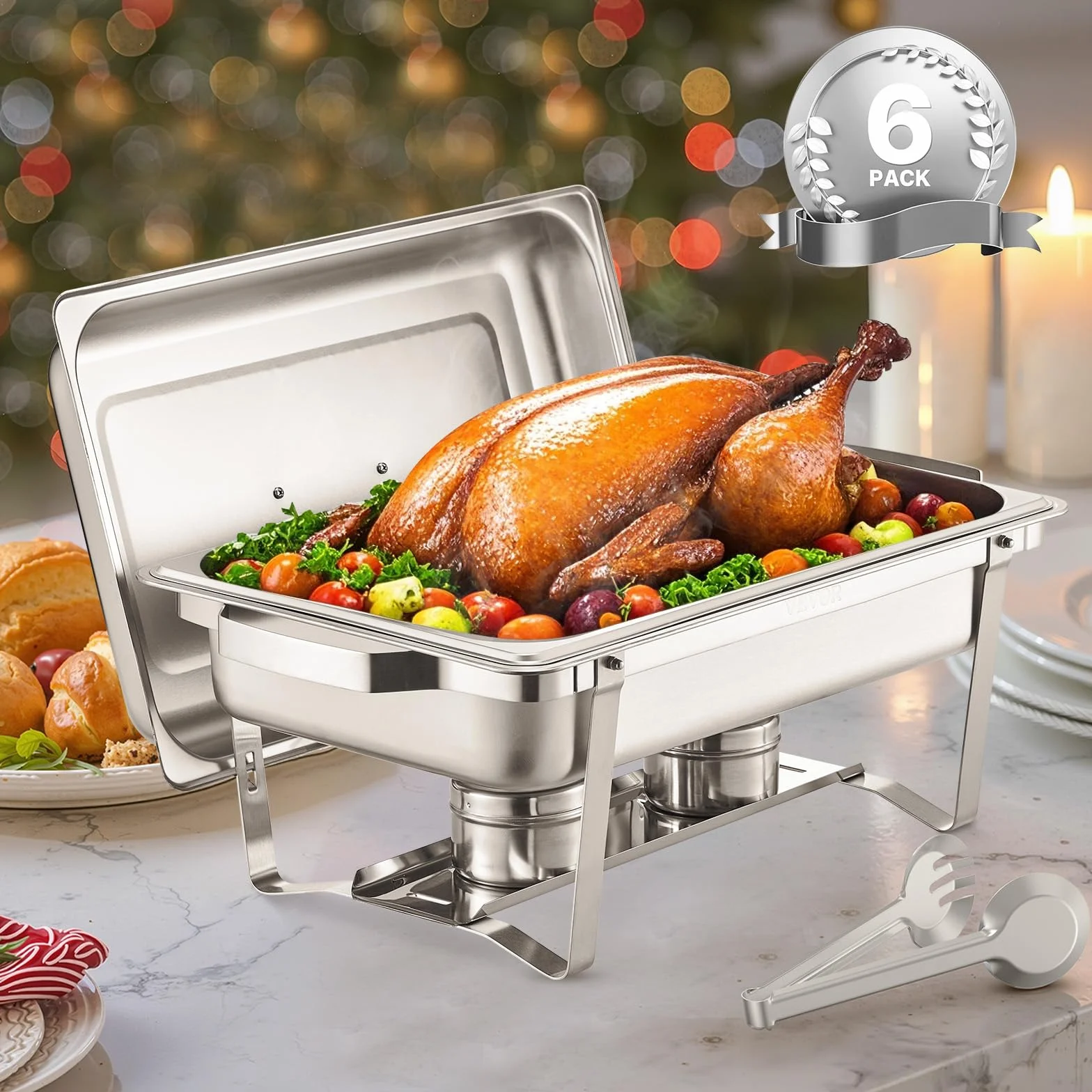 VEVOR Plato para Calentar Alimentos Acero Inoxidable con 6 Sartenes de Tamaño Completo(7,5 L), Rectangular, para Catering con Tapa y Soporte para Bandeja de Agua y Depósito de Combustible, Plata